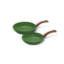 Set of two green frying pans with wooden handles in different sizes.