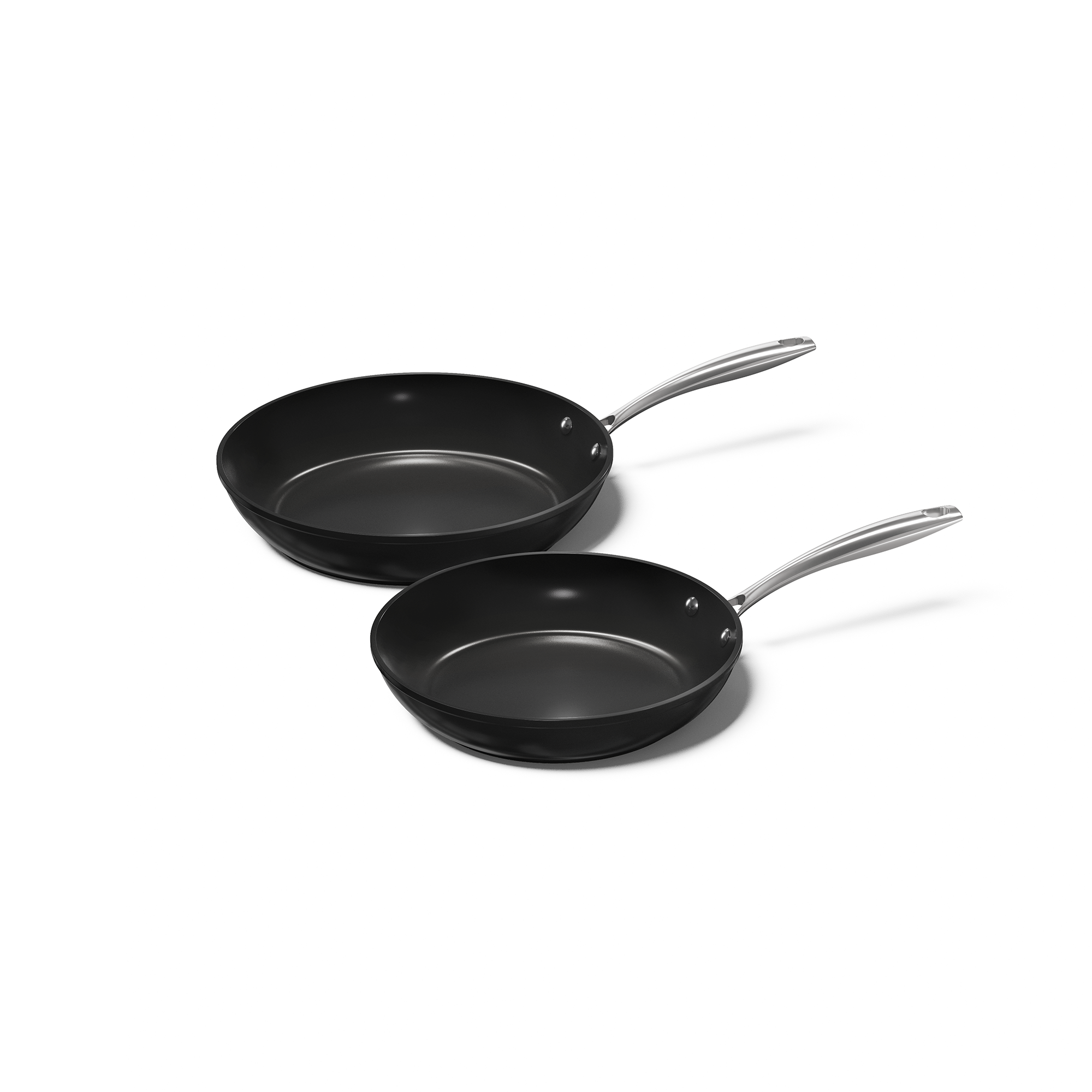 Black 2-piece frying pan set with silver-colored handles and non-stick coating.