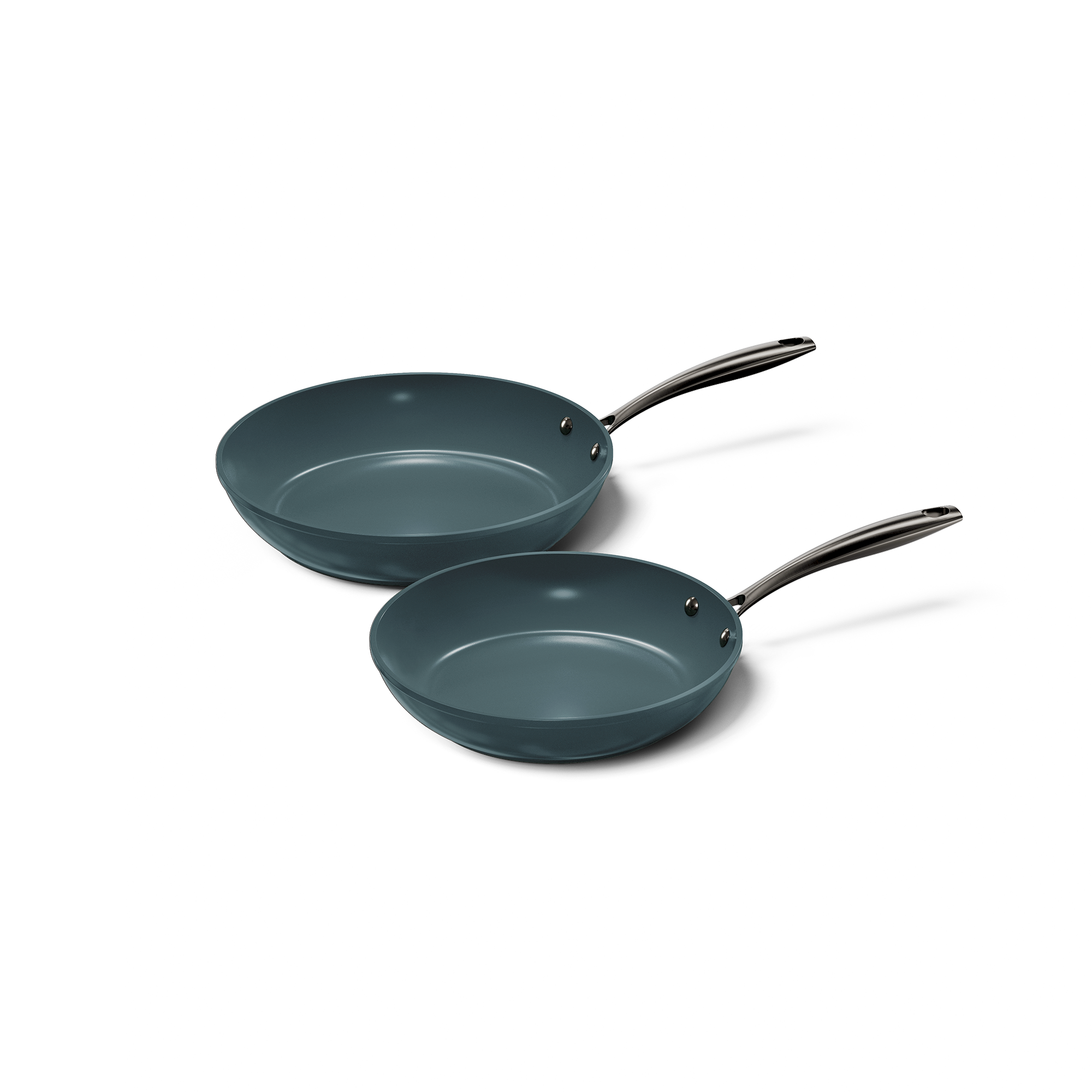 Deux poêles anthracite avec revêtement antiadhésif et poignées métalliques.