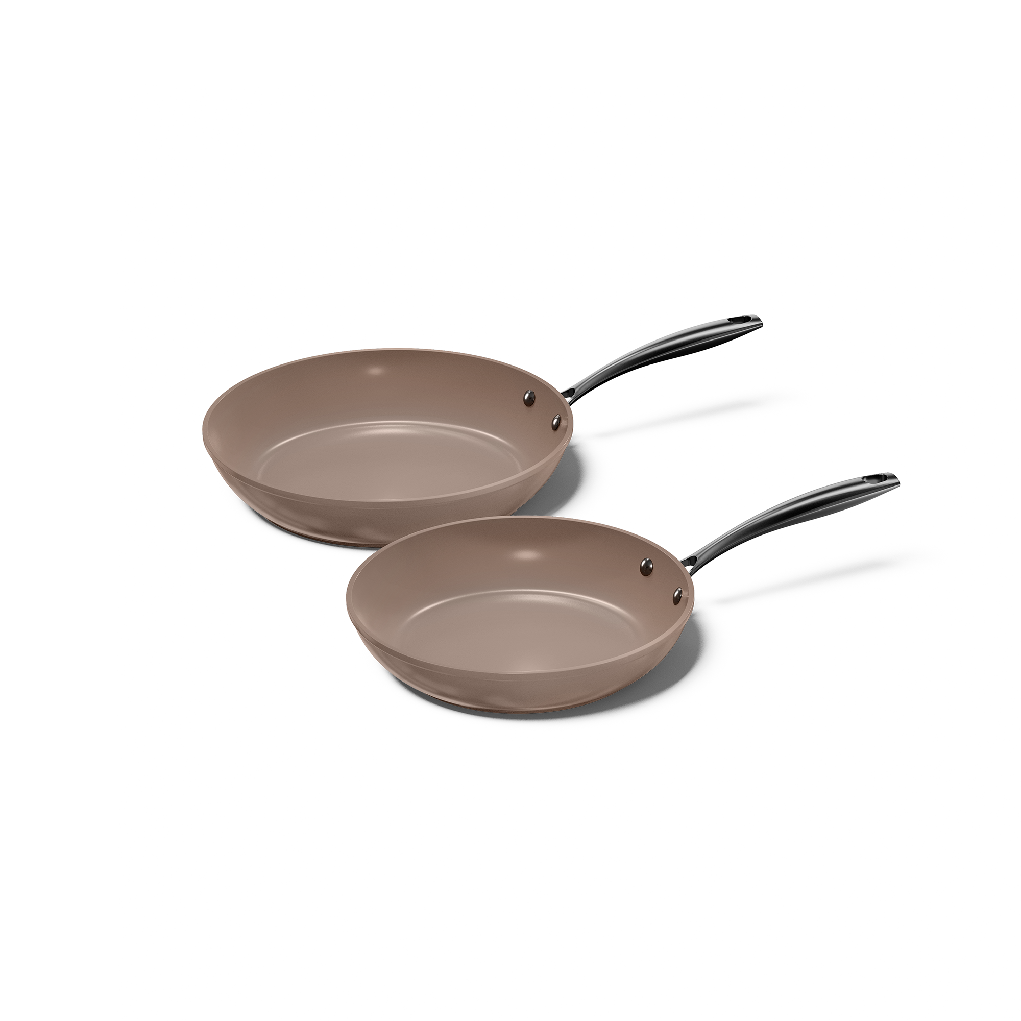 Taupe metal frying pan set with black heat-resistant handles, 2-piece.