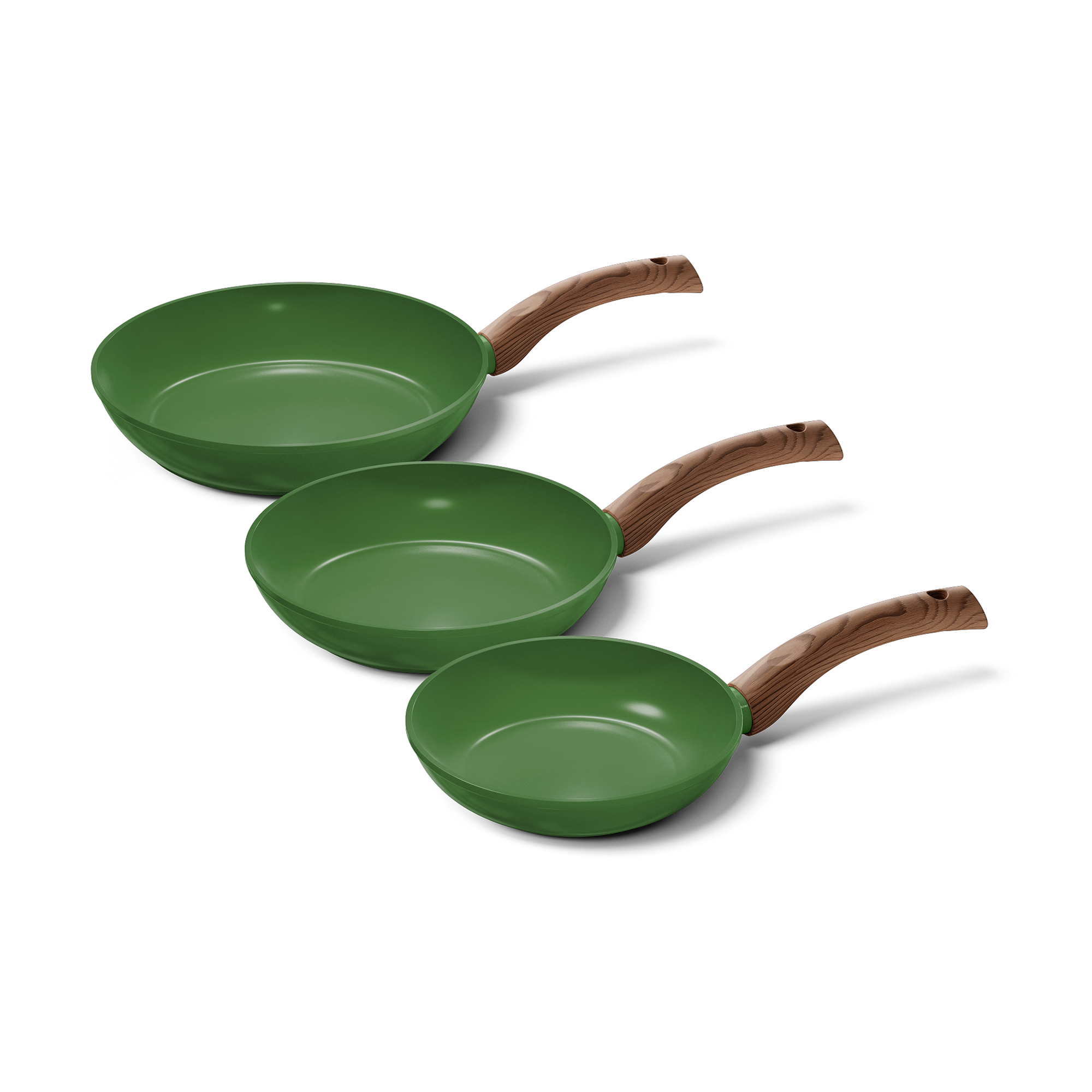 Set of three green frying pans with wooden handles in different sizes.