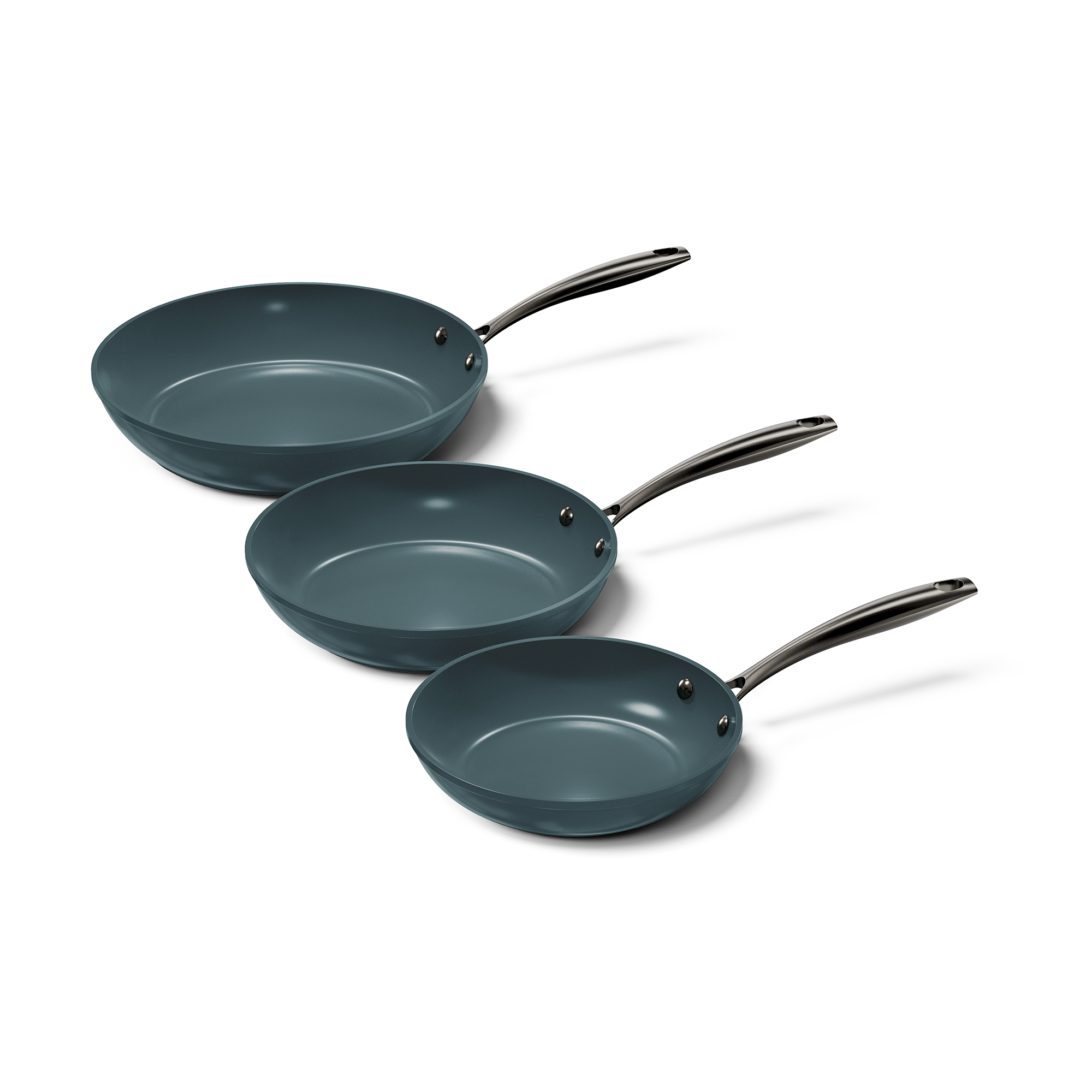 Set de trois poêles anthracite avec poignées noires et fixations métalliques.
