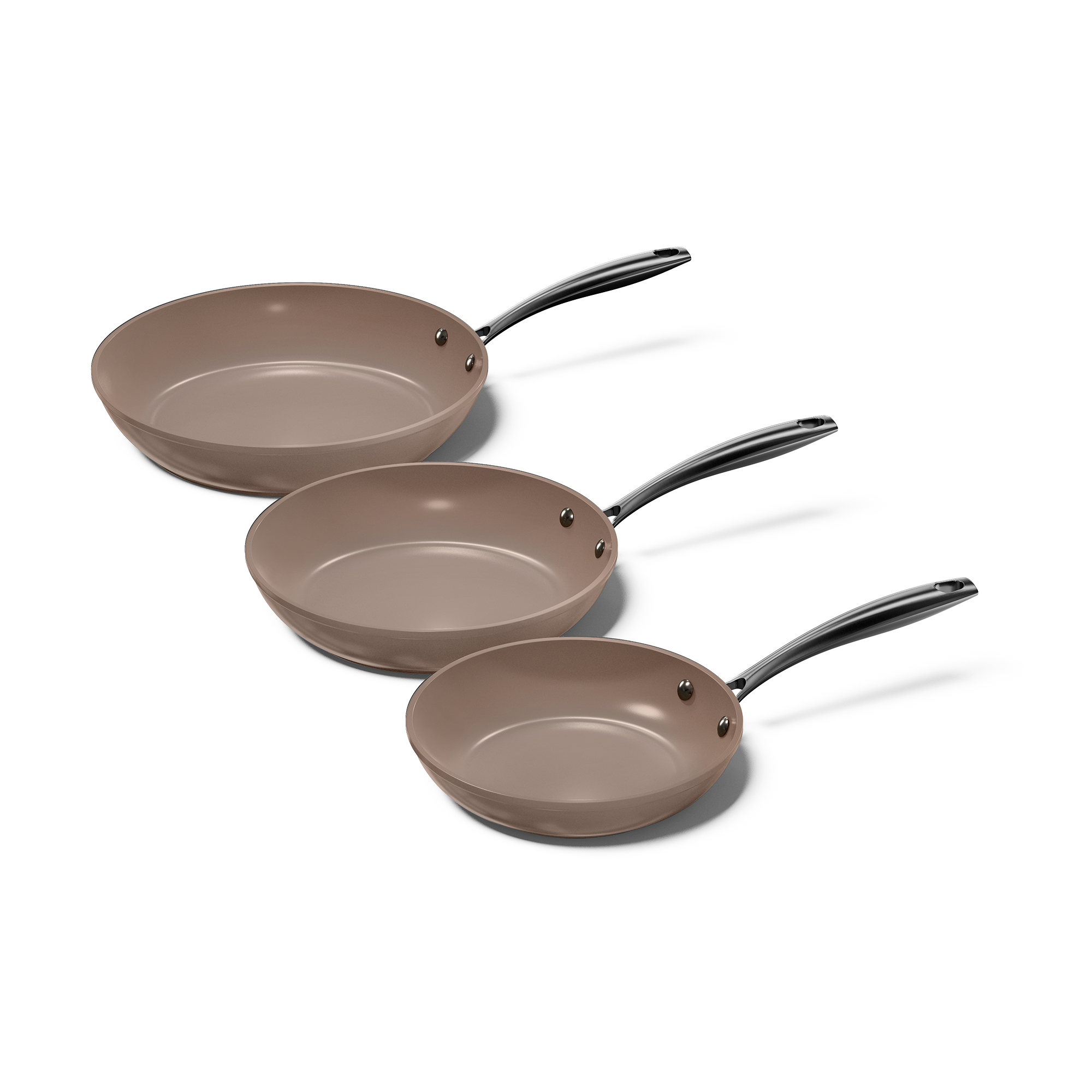 Set of three taupe frying pans with black handles in various sizes.