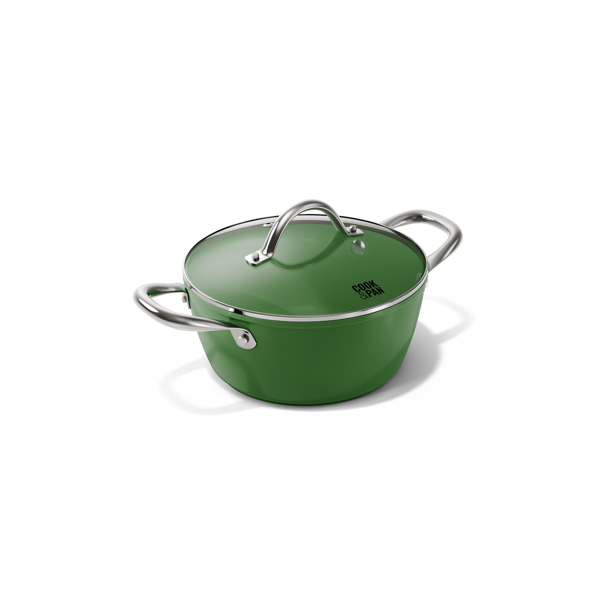 Donkergroene kookpot met glazen deksel, roestvrijstalen handgrepen, 22 cm diameter.