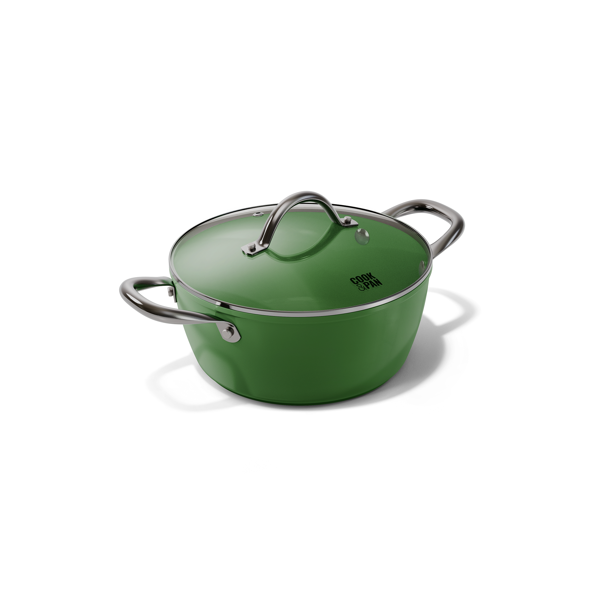 Groene braadpan van 24 cm met roestvrijstalen handgrepen en glazen deksel.