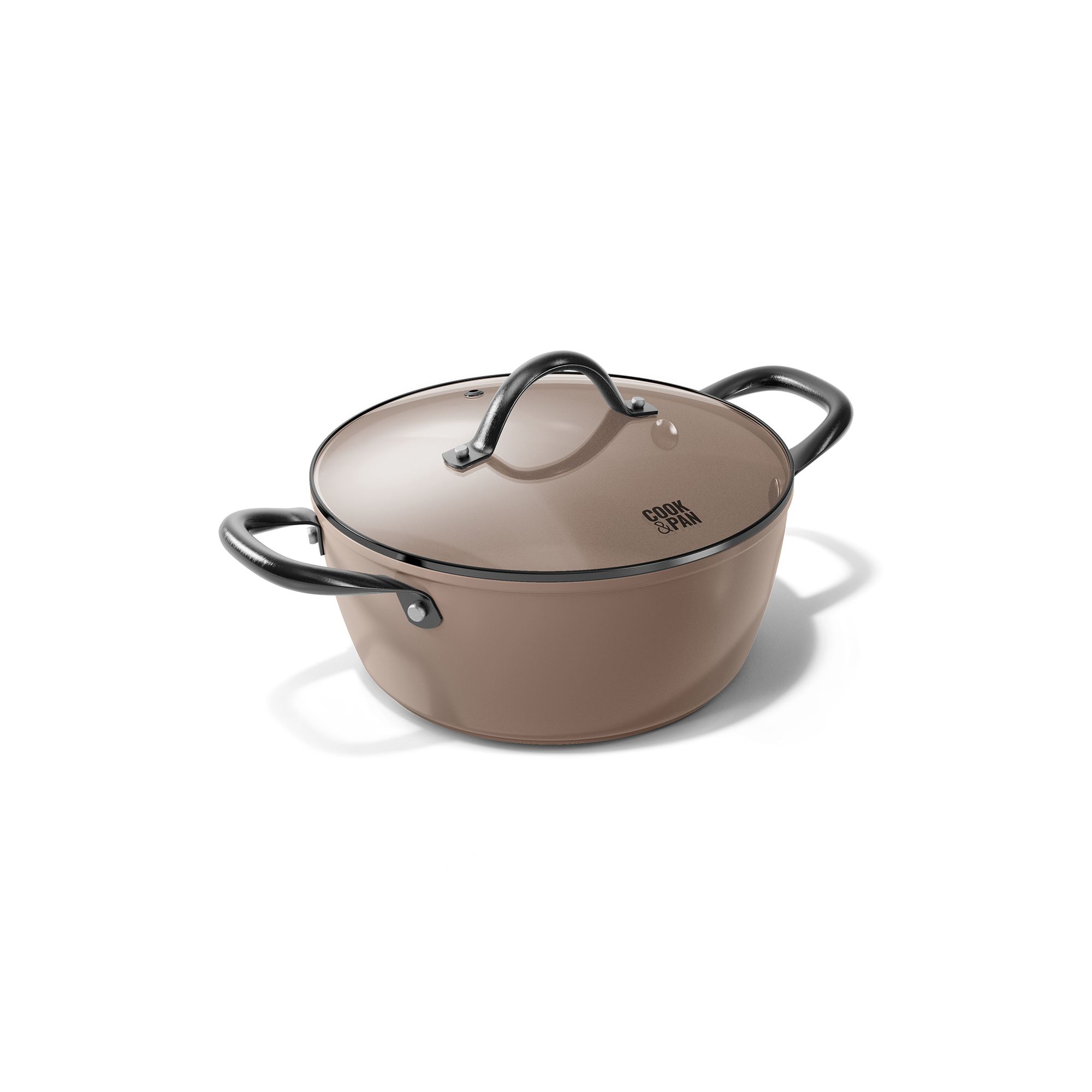 Taupekleurige braadpan van 24 cm met bijpassend deksel en metalen handgrepen.