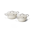 2-delige ivoorkleurige pannenset met roestvrijstalen deksels en handgrepen.