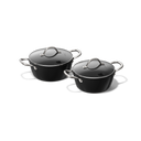Zwarte 2-delige pannenset met roestvrijstalen handvatten en glazen deksels.
