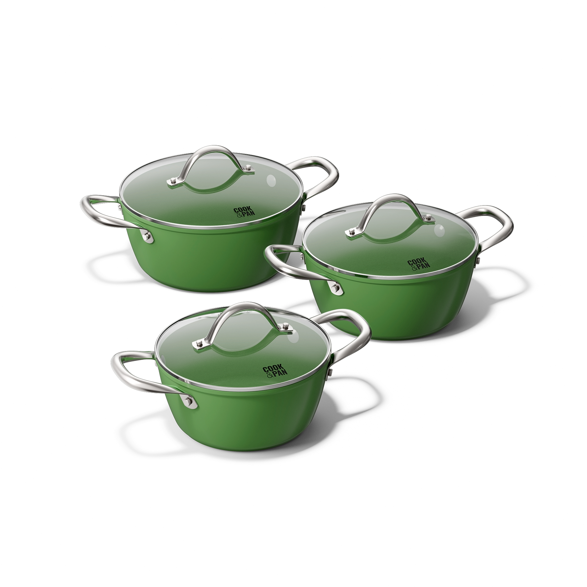Groene drie-delige pannenset met roestvrijstalen handvatten en glazen deksels.