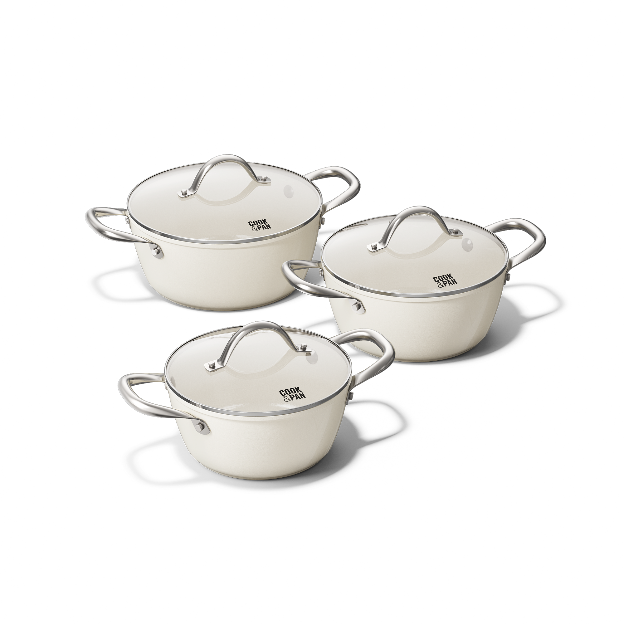 Three-piece ivory-colored pots and pans set with stainless steel handles and lids.
