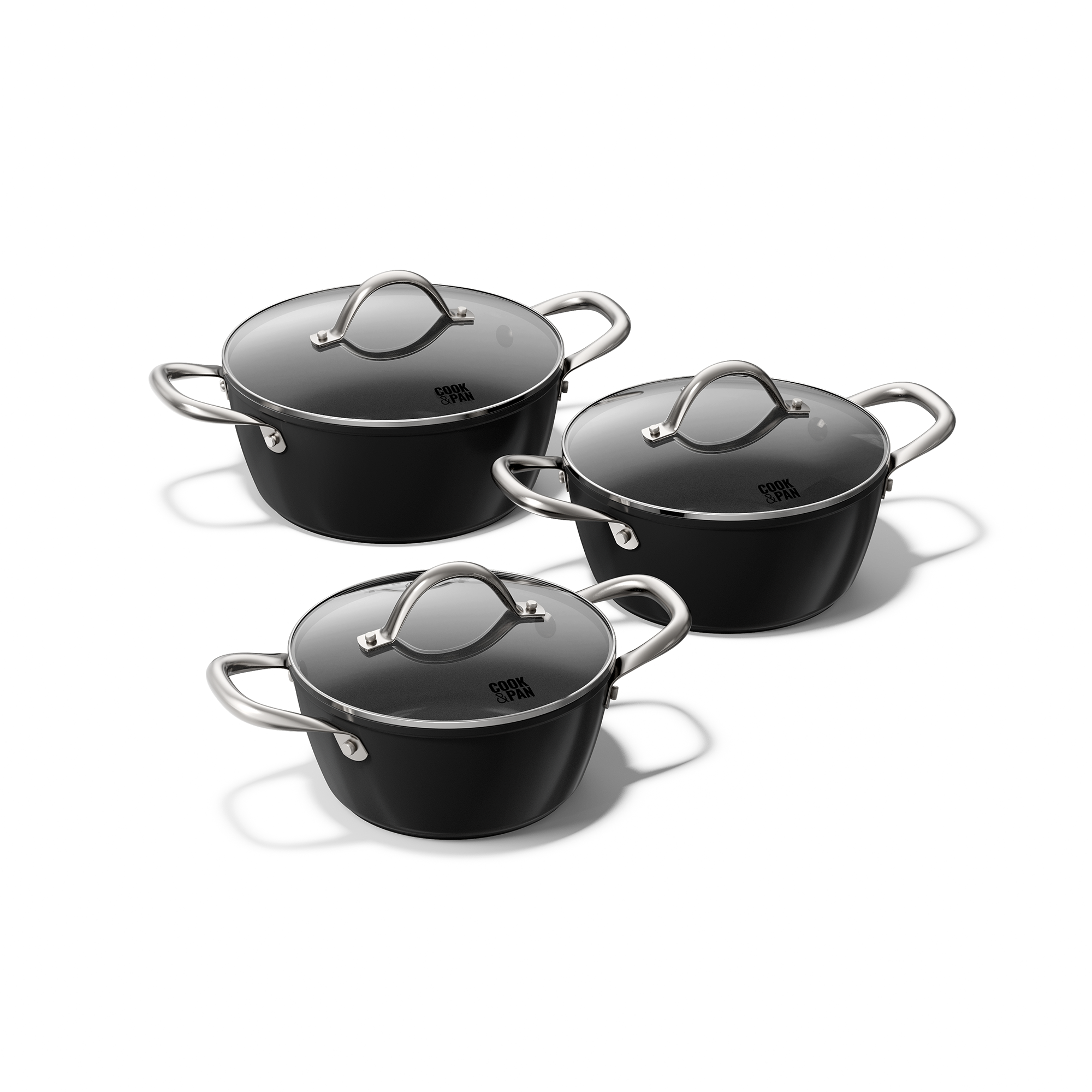Schwarzes 3-teiliges topfset und pfannenset mit Glasdeckeln und Edelstahlgriffen.