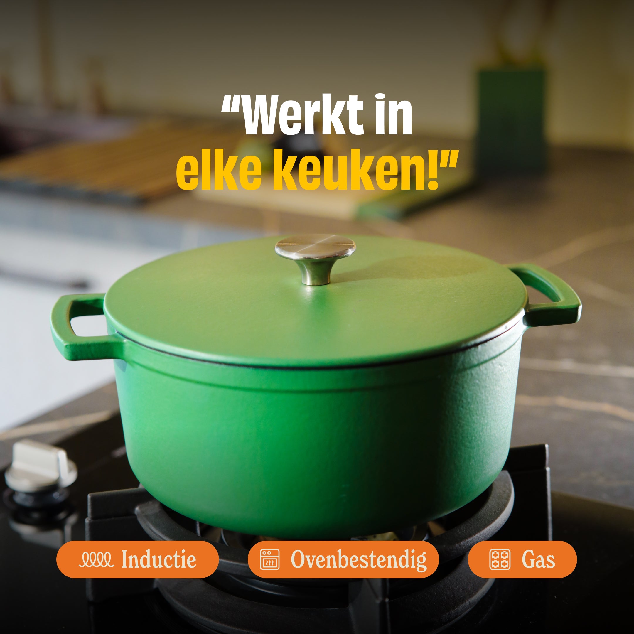 Groene gietijzeren Go Green braadpan met deksel op inductie, geschikt voor oven en gas