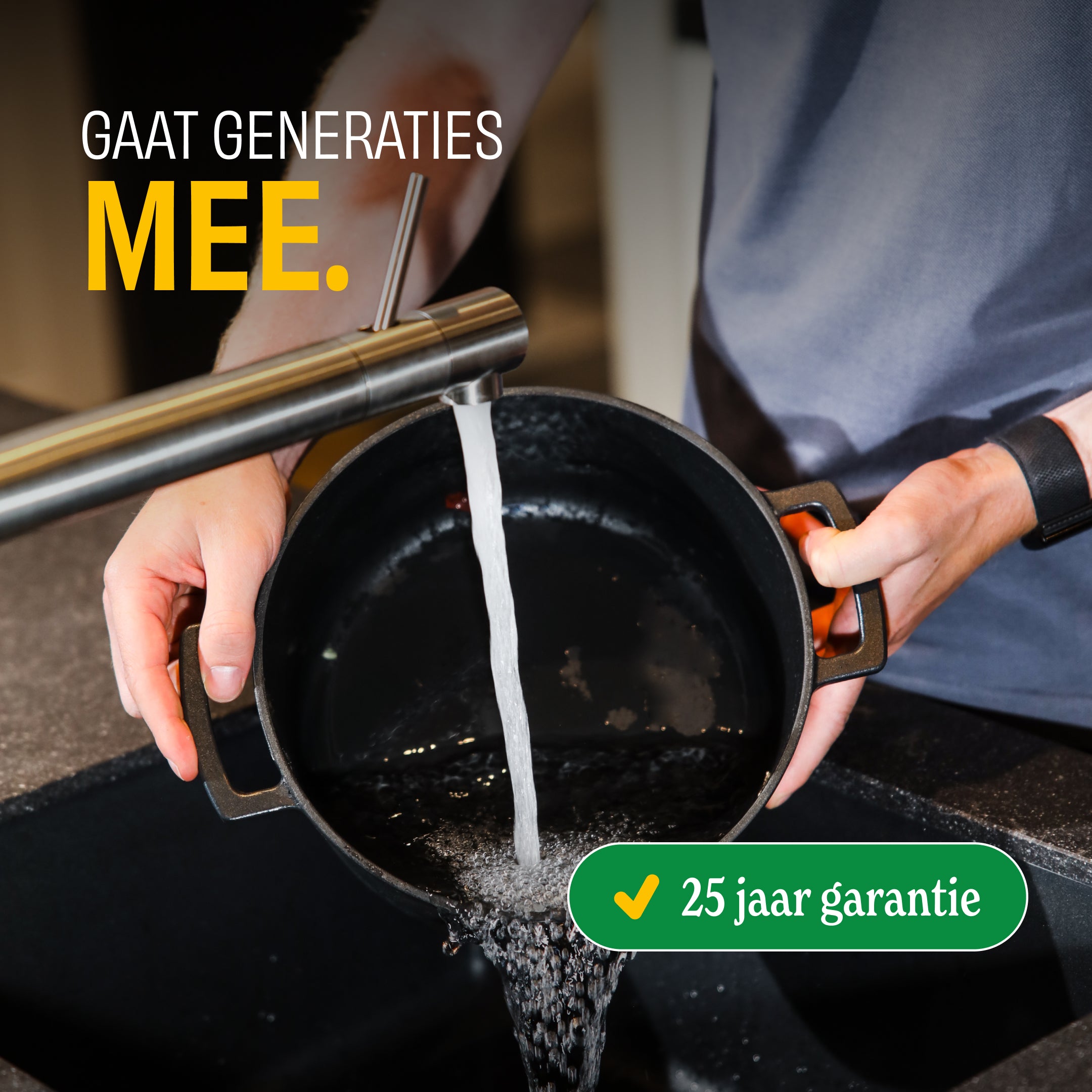 Water pouring from a Signature dutch oven, with the promise of a 25-year warranty.