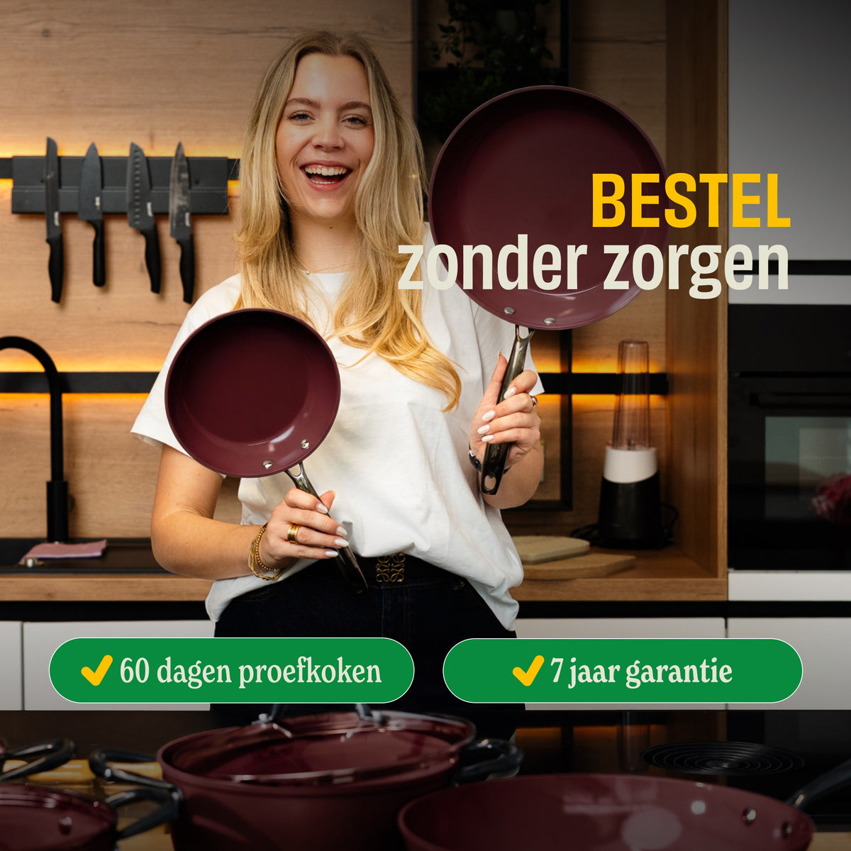 Woman holding two Cherry frying pans, 60-day trial and 7-year warranty