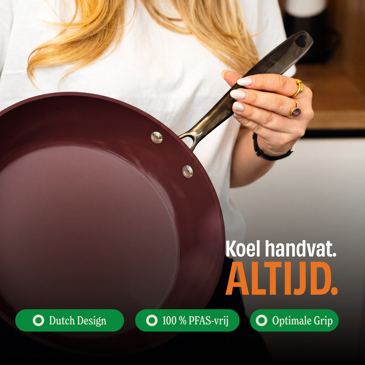 Cherry frying pan with a stay-cool handle