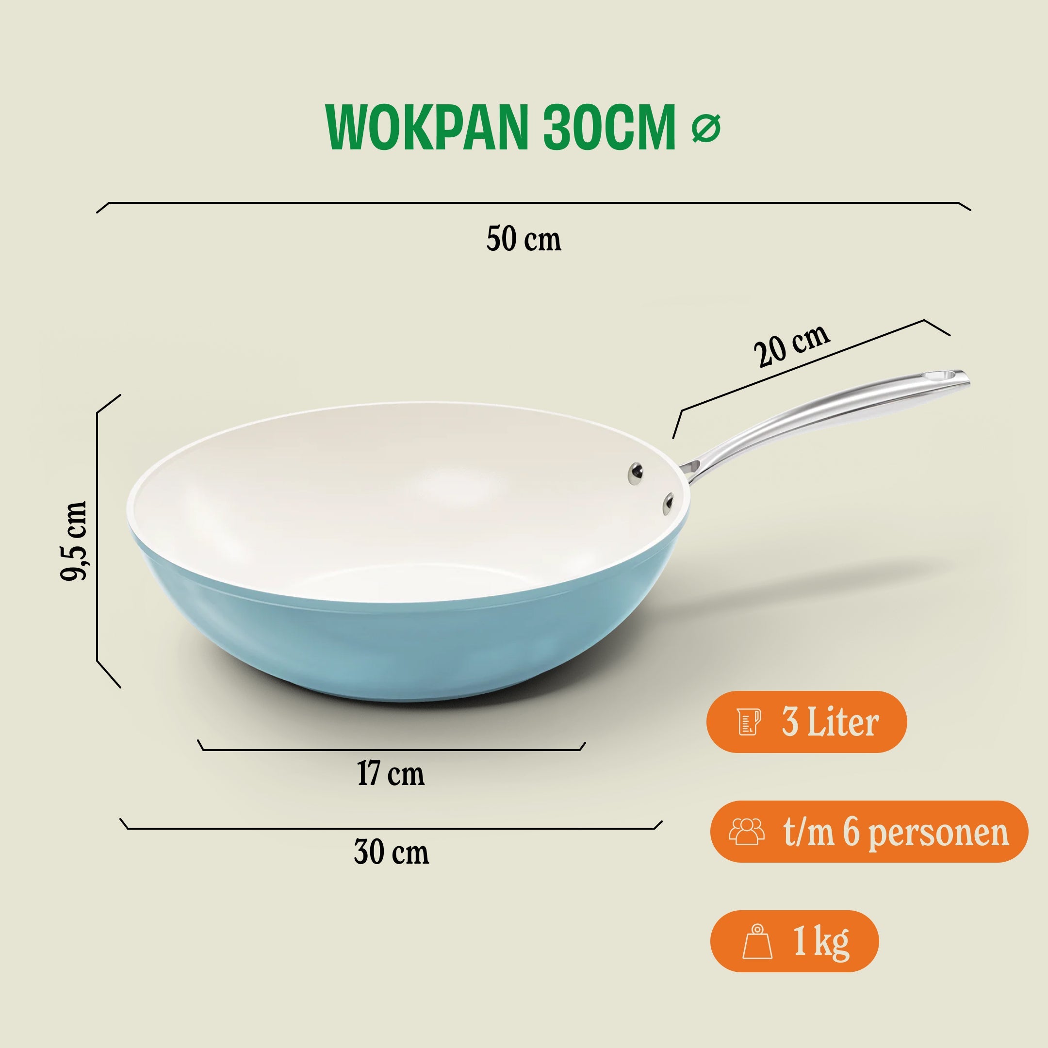 Go Blue Wokpan 30 cm afmetingen