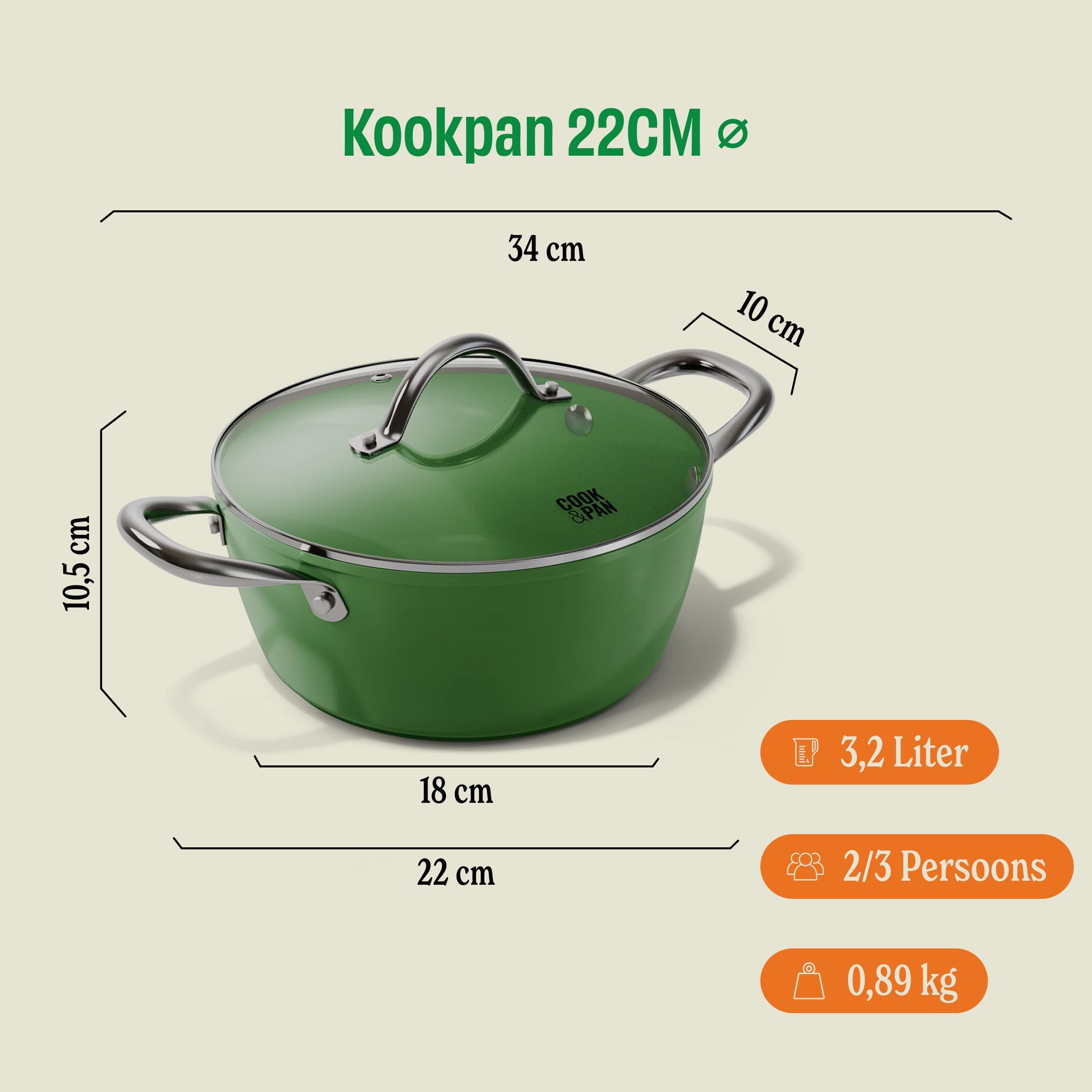 Go Green Kookpan met deksel 22 cm afmetingen