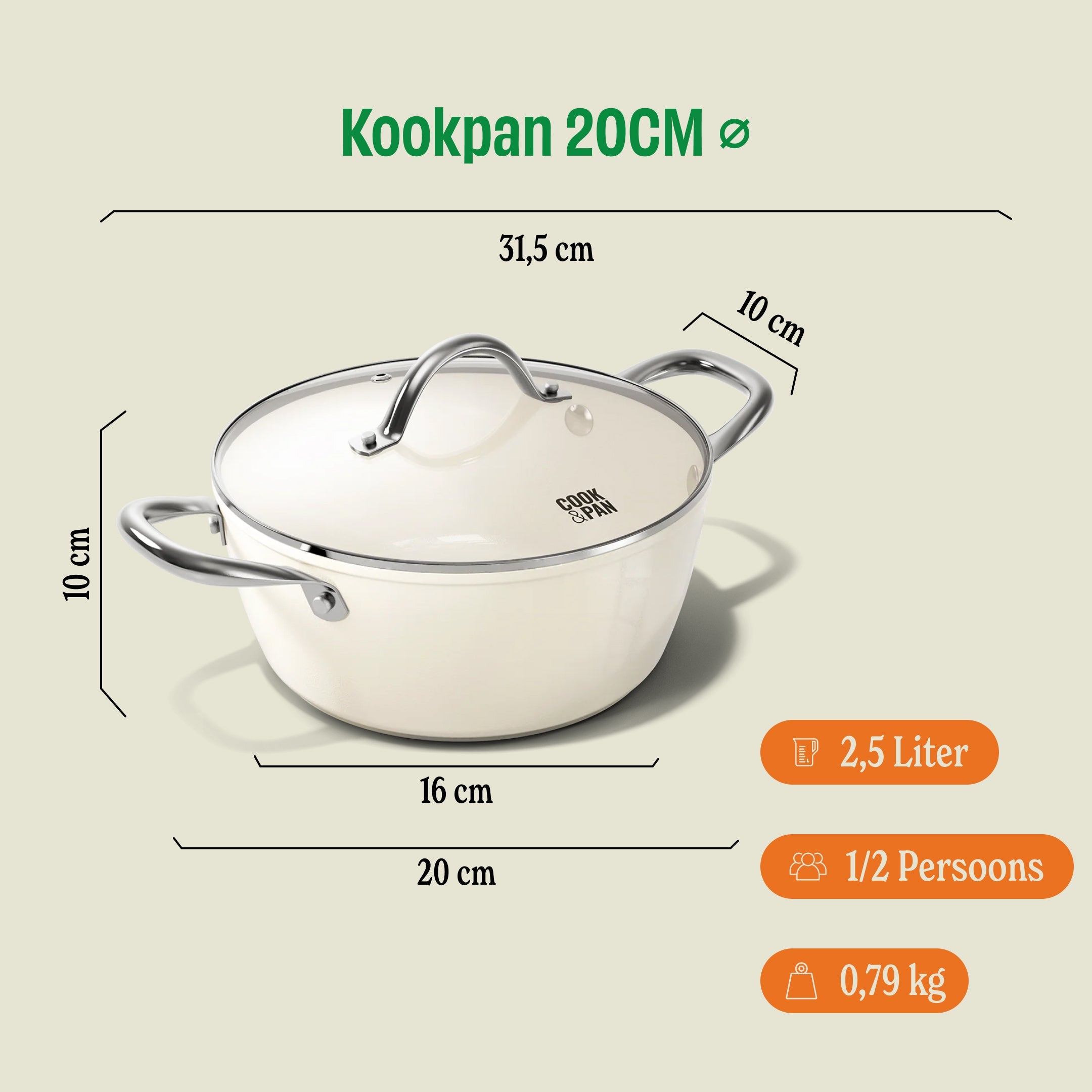 Go Ivory Kookpan met deksel 20 cm afmetingen