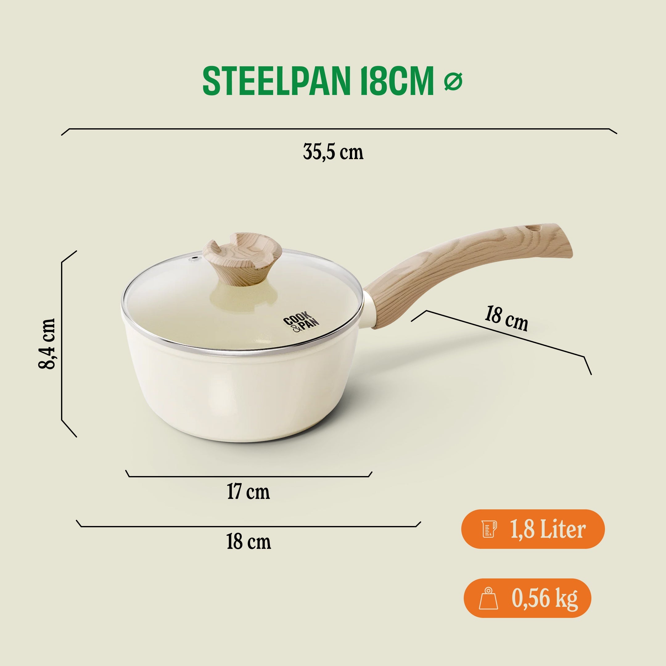 Go Ivory Steelpan met deksel 18 cm afmetingen