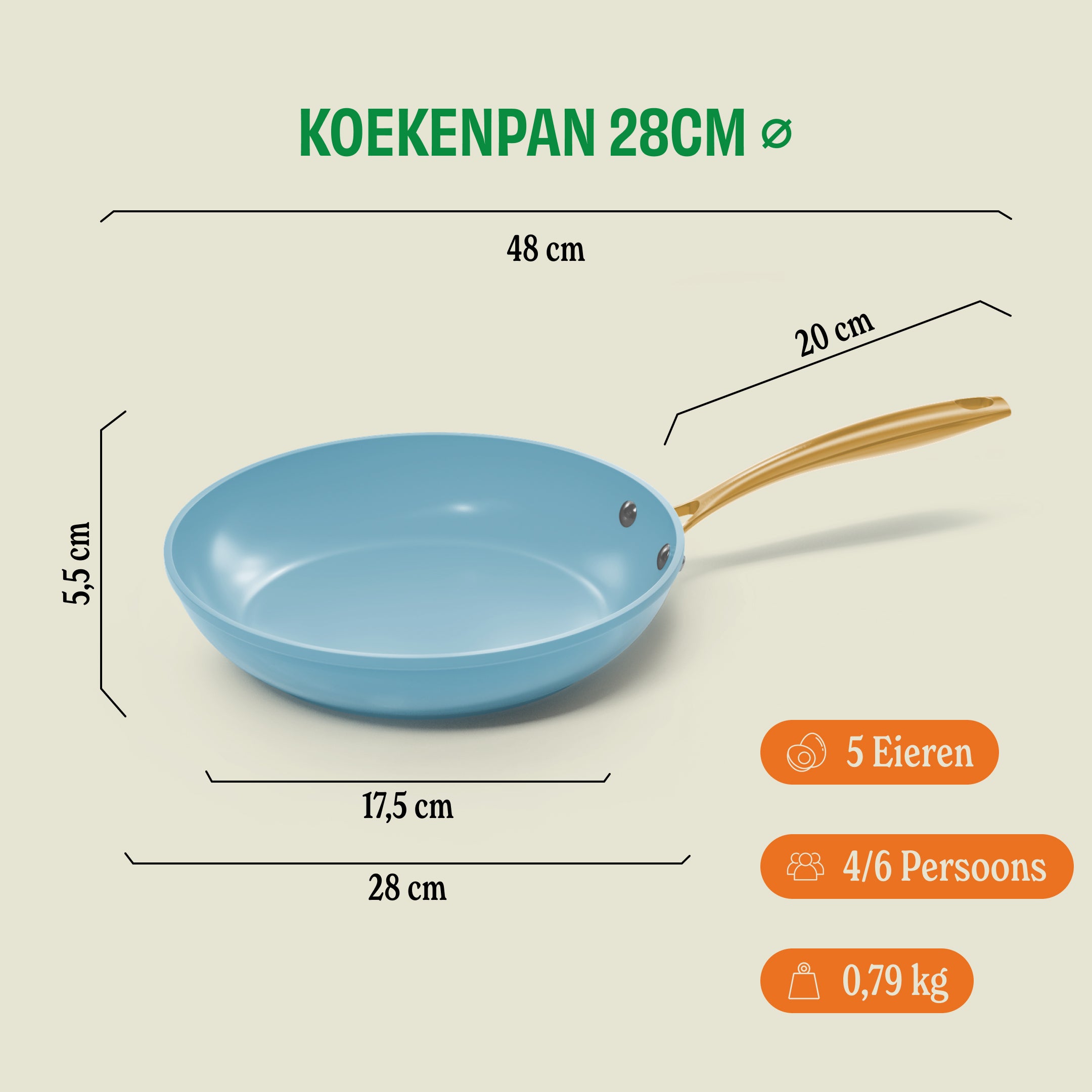 Afmetingsdiagram van een Ocean Blue koekenpan 28 cm met keramische antiaanbaklaag, geschikt voor 4-6 personen