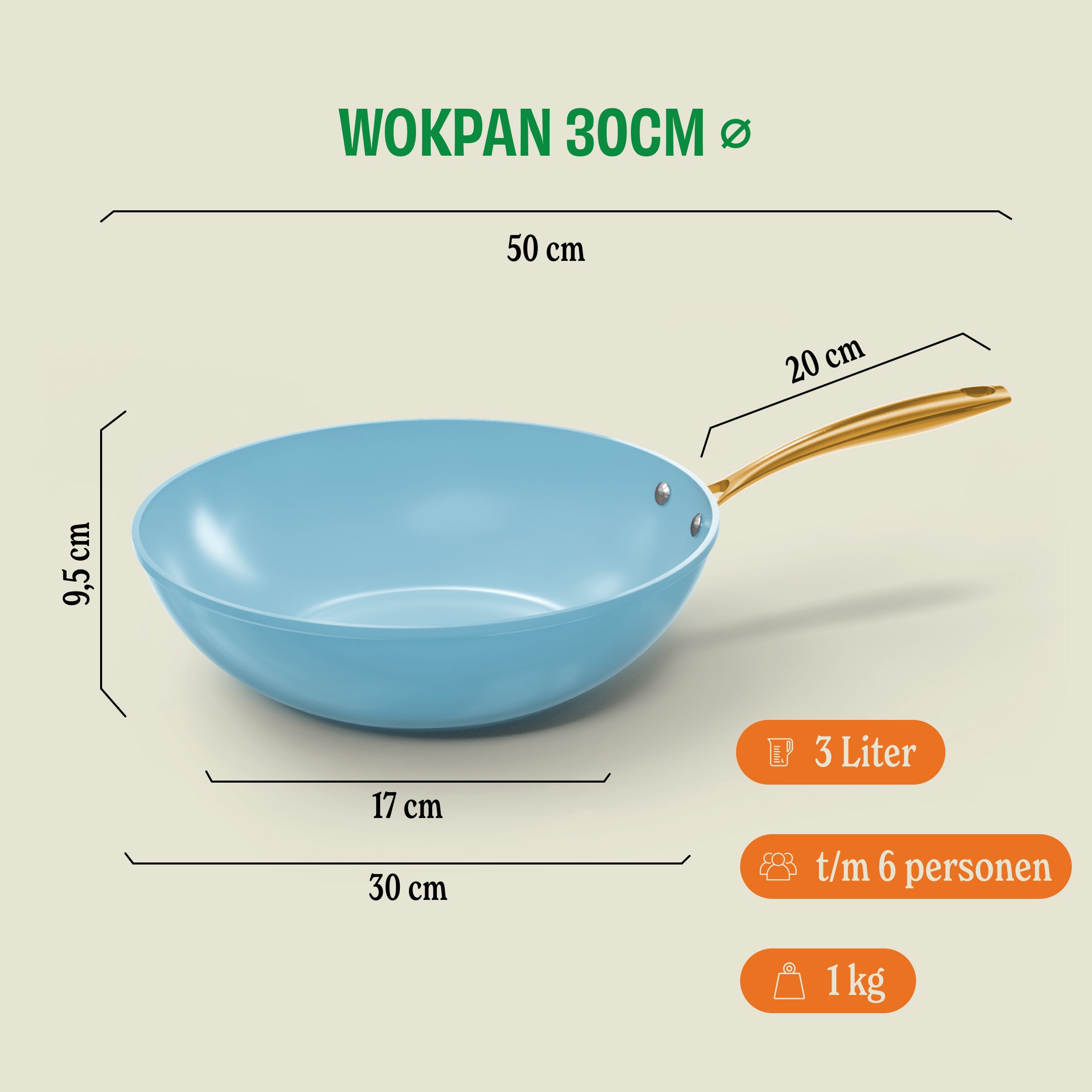 Dimensiediagram van de Ocean Blue Go Green wokpan 30 cm met maten en capaciteit