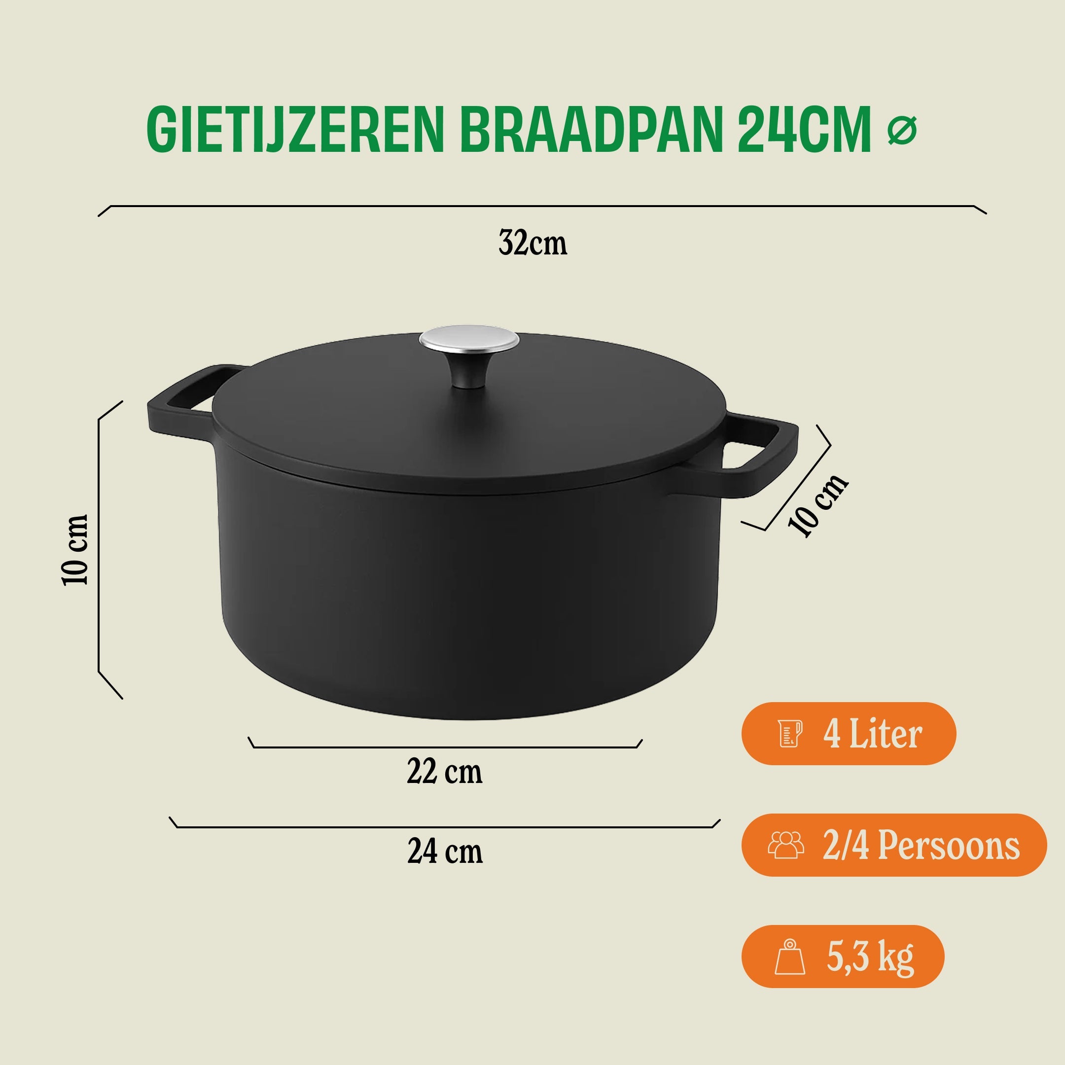 Signature Gietijzeren Braadpan 24 cm afmetingen