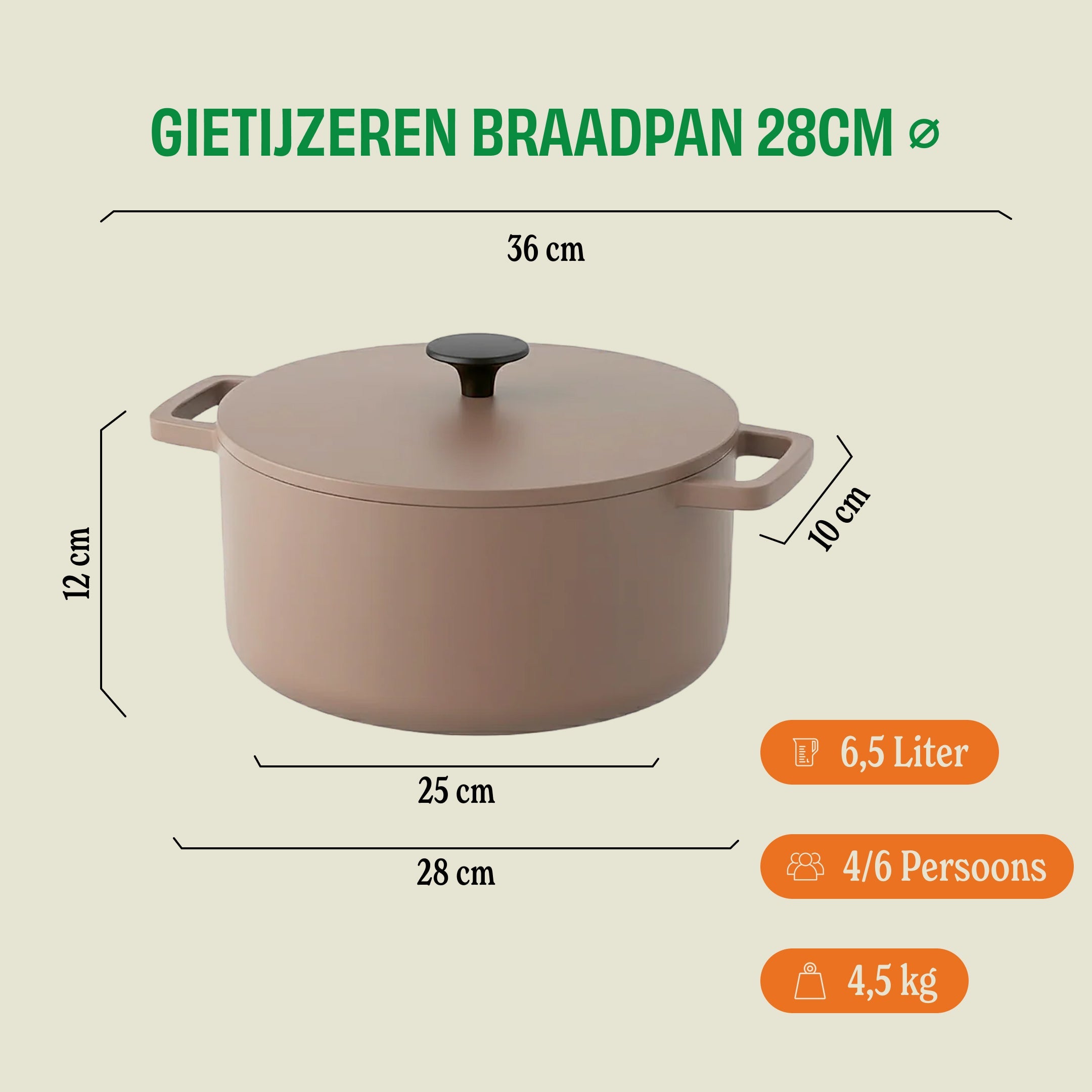 Taupe of Mind Gietijzeren Braadpan 28 cm - 6.5 liter afmetingen