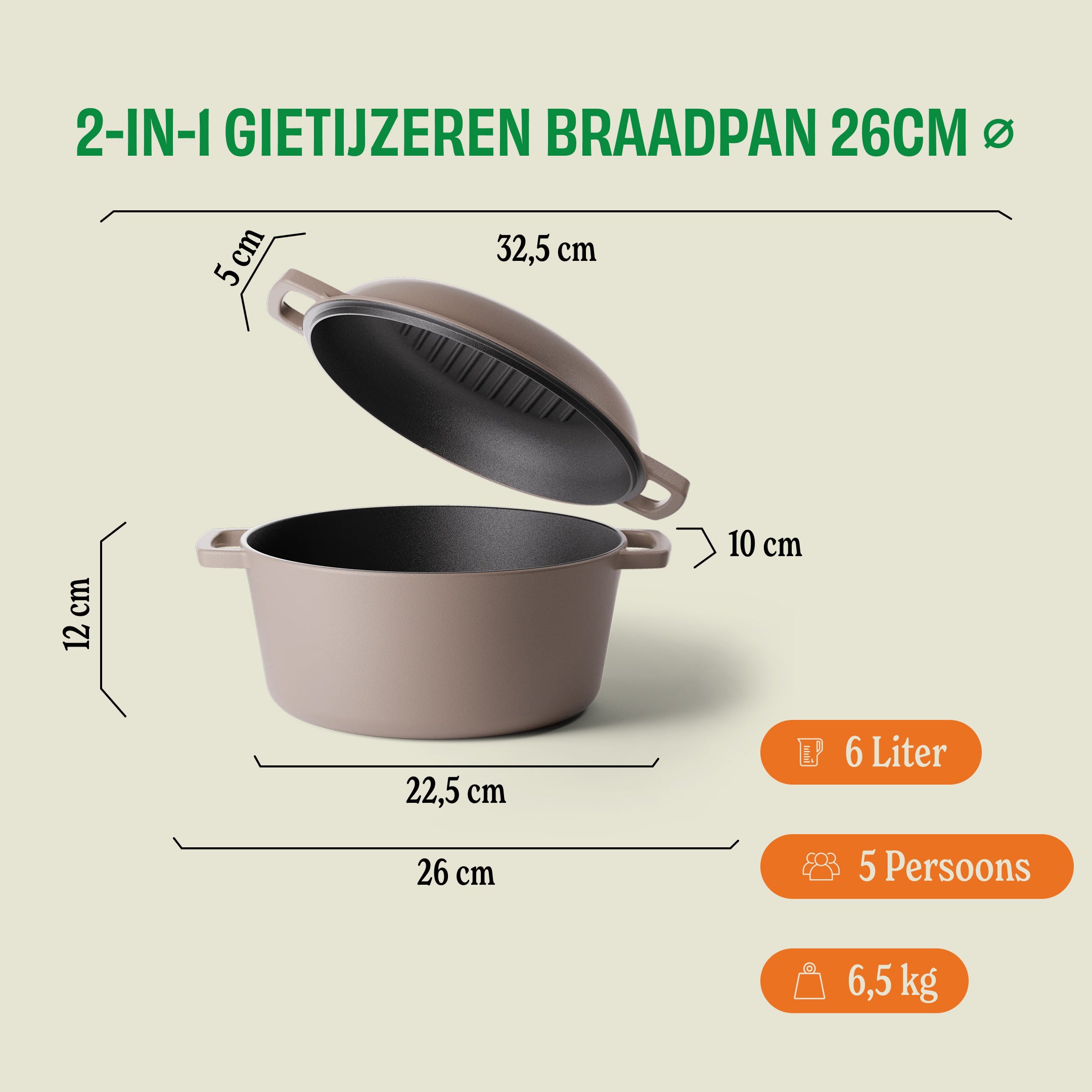Taupe 2-in-1 gietijzeren braadpan 26cm met afmetingen en capaciteit van 6 liter