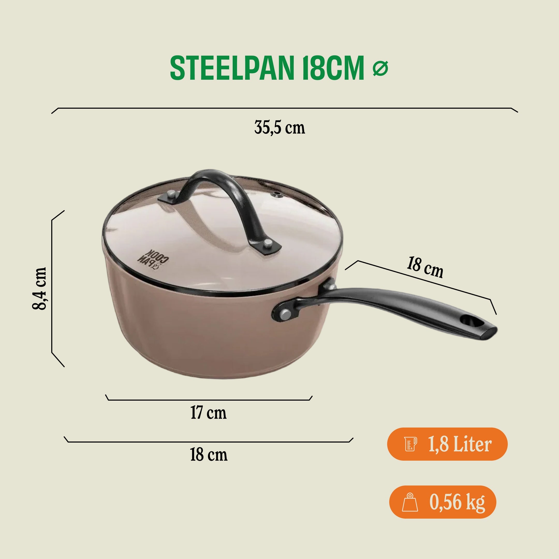 Taupe of Mind Steelpan met glazen deksel 18 cm afmetingen