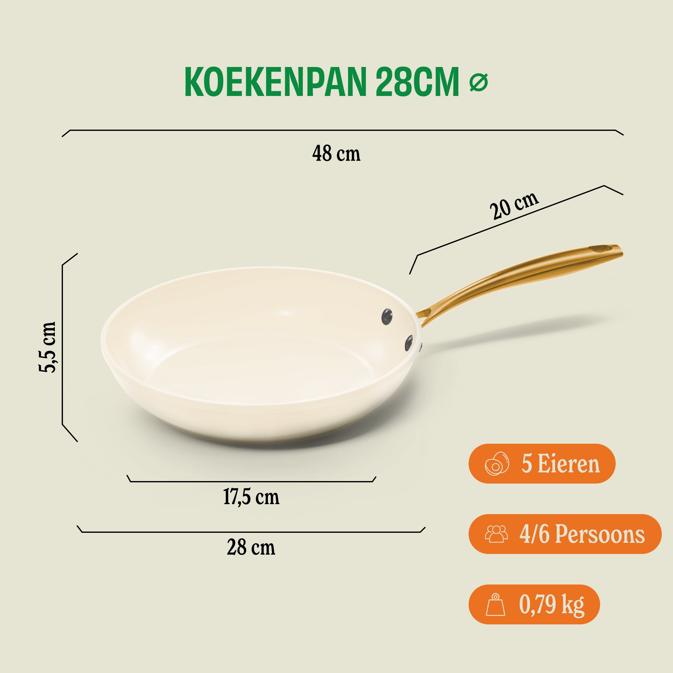 Vanilla koekenpan 28 cm met afmetingen: 48 cm totale lengte, 20 cm steel, 5,5 cm hoogte