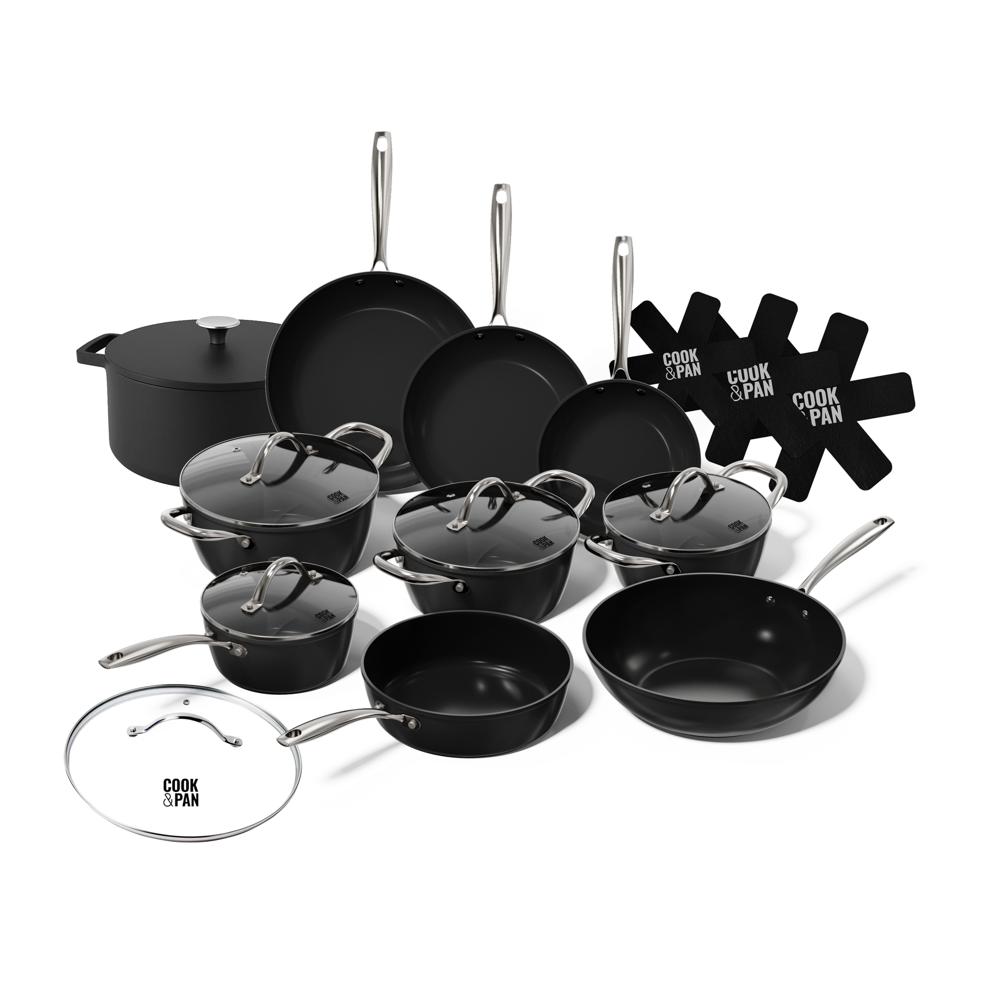 12-teiliges schwarzes Topfset und Pfannenset mit Glasdeckeln und Metallgriffen, inklusive Pfannen und Suppentopf.