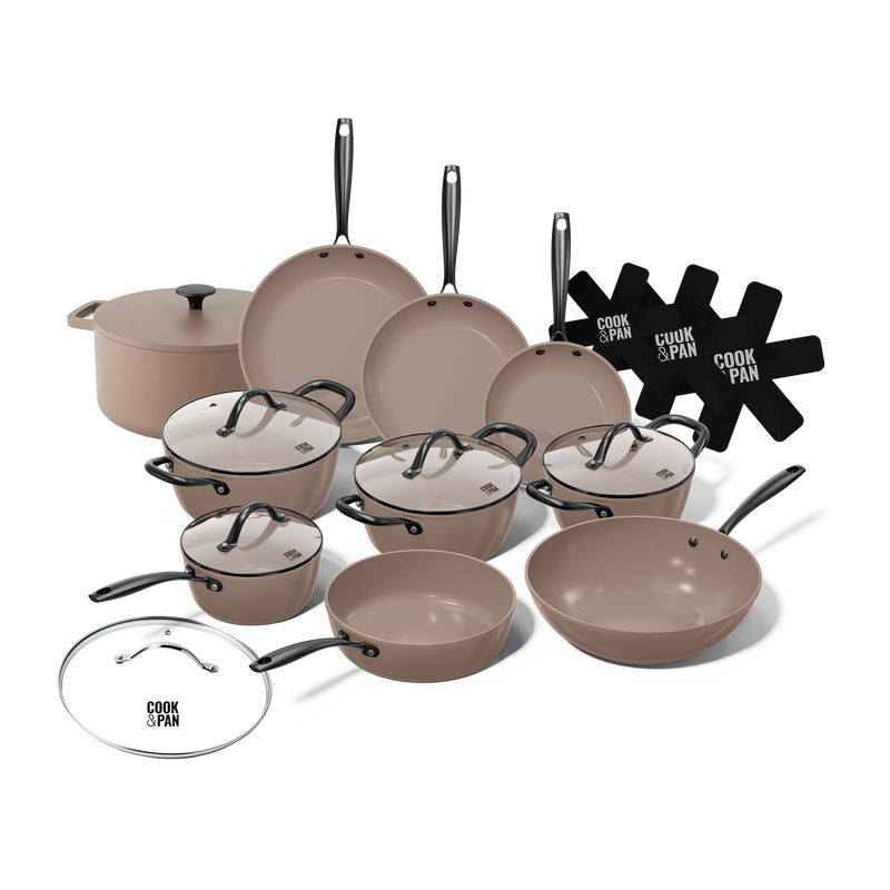 Taupe 12-piece cookware set with glass lids, non-stick coatings, and black handles.