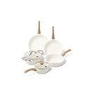 5-piece ivory cookware set with wooden handles and glass lid.