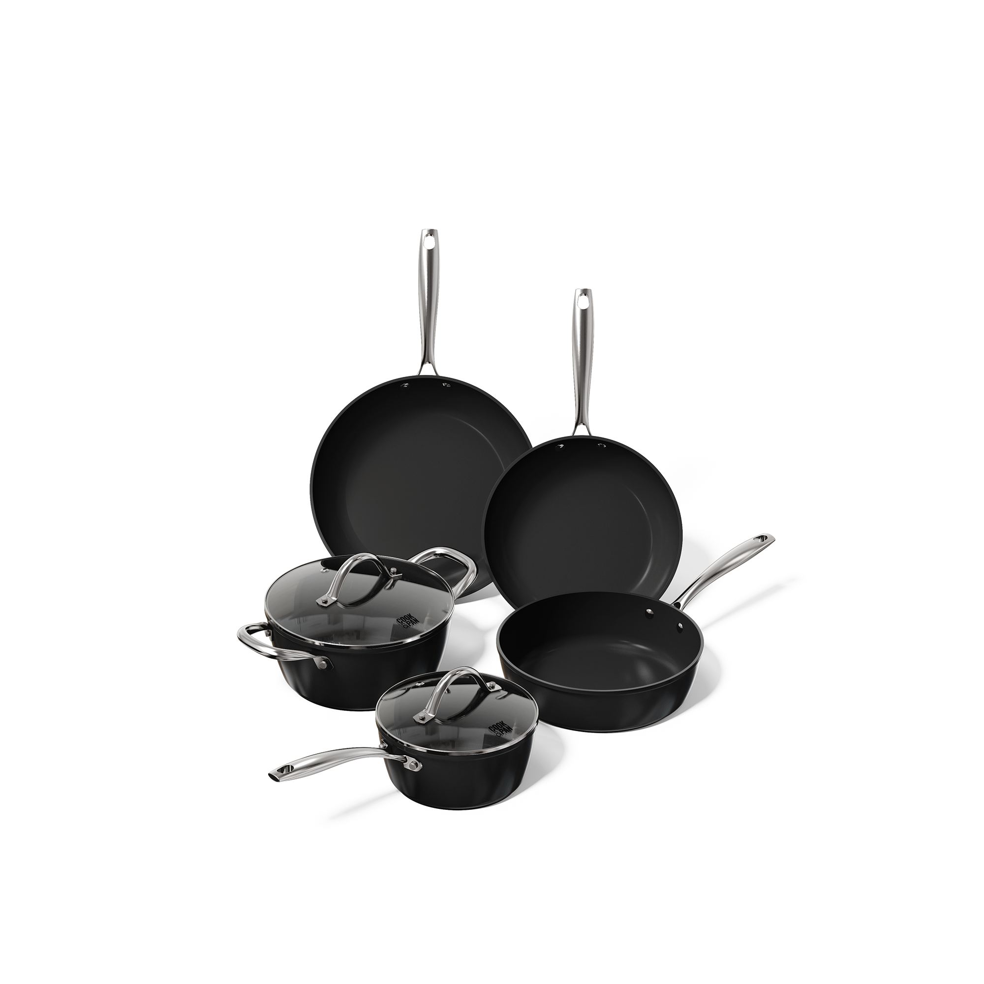 Black 5-piece cookware set with stainless steel handles, including frying pans and cooking pots with lids.