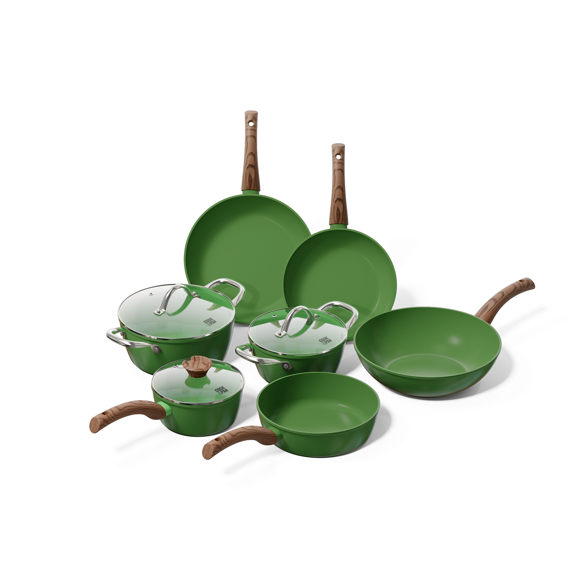 Green 7-piece pots and pans set with wooden handles and glass lids, including frying pans and saucepans.