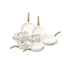 7-piece white cookware set with wooden handles, including frying pans and saucepans with glass lids.