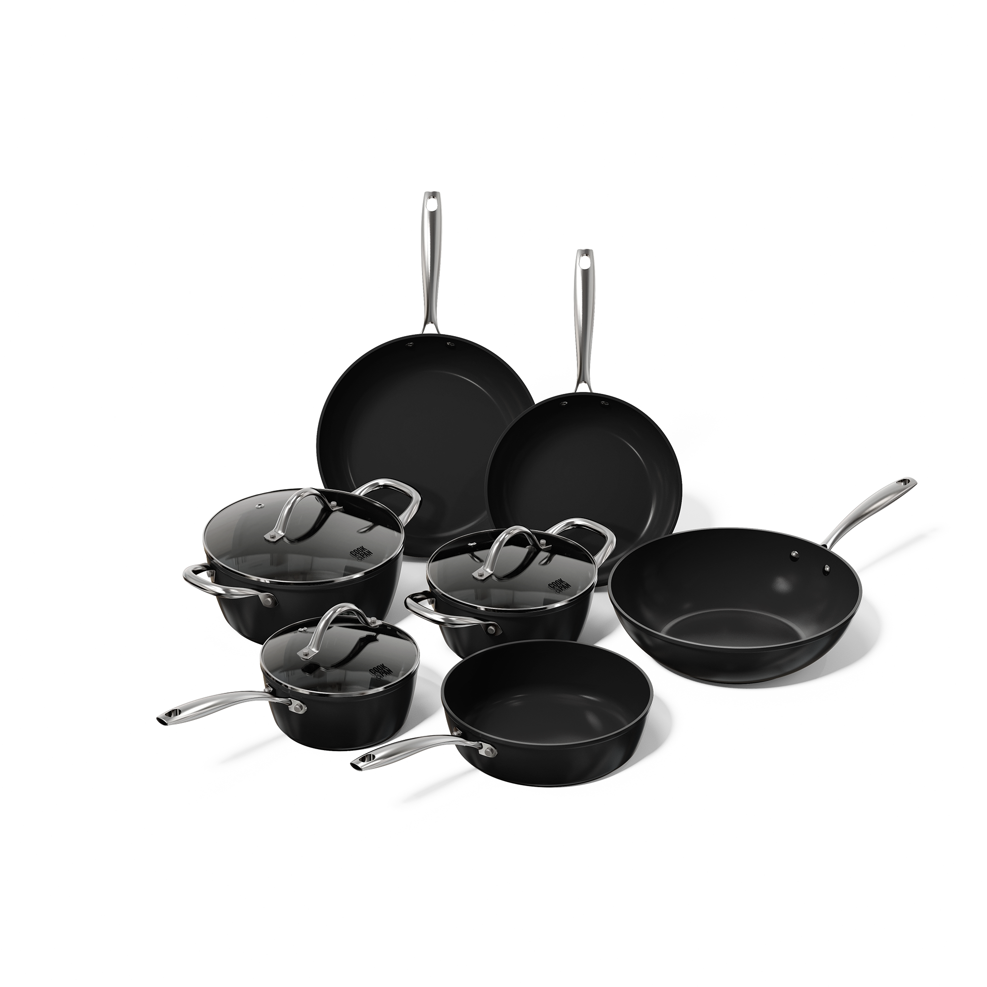 Schwarzes 7-teiliges topfset und pfannenset mit Glasdeckeln und Edelstahlgriffen.