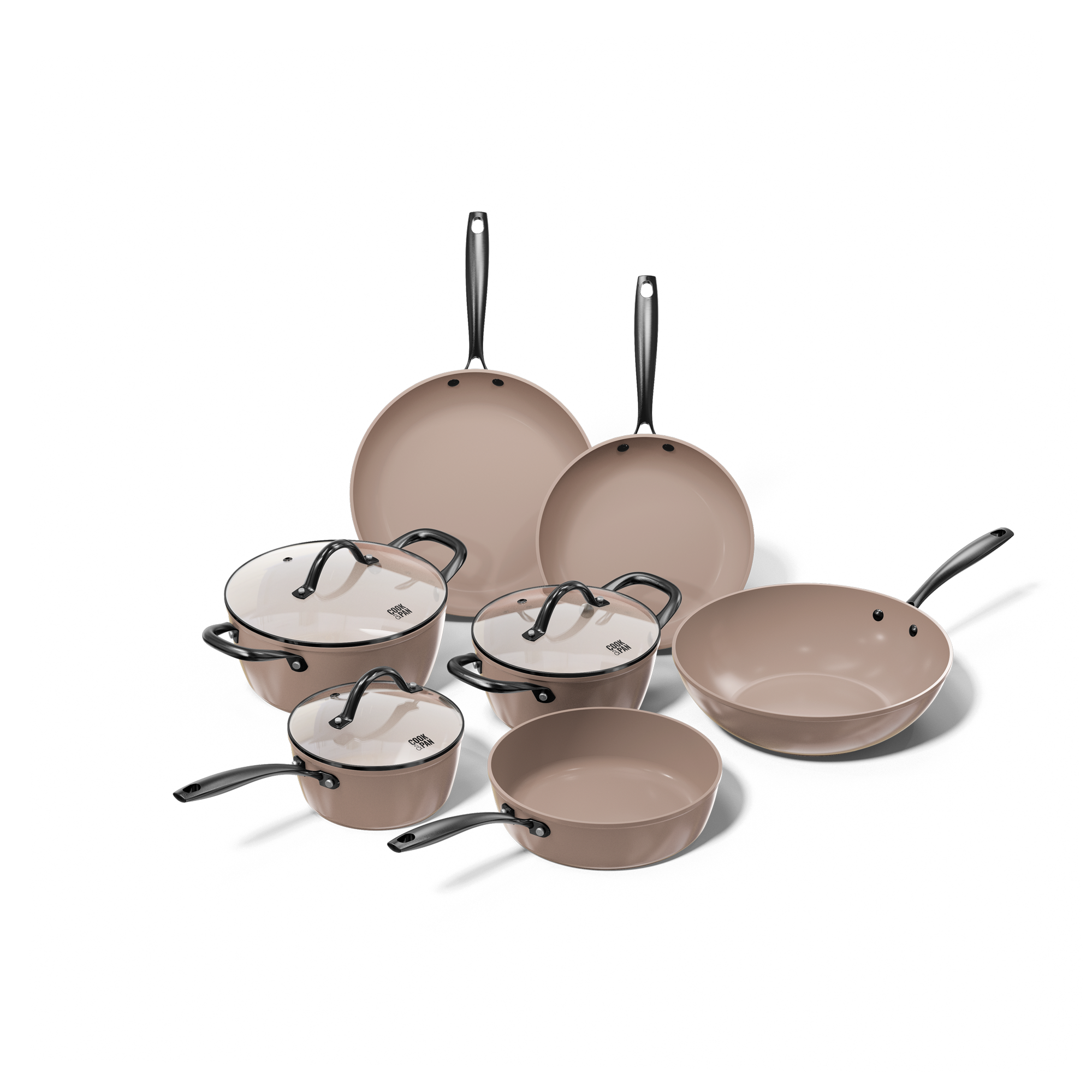 Taupe cookware set by Cook & Pan with seven pieces in beige-brown finish and black handles.