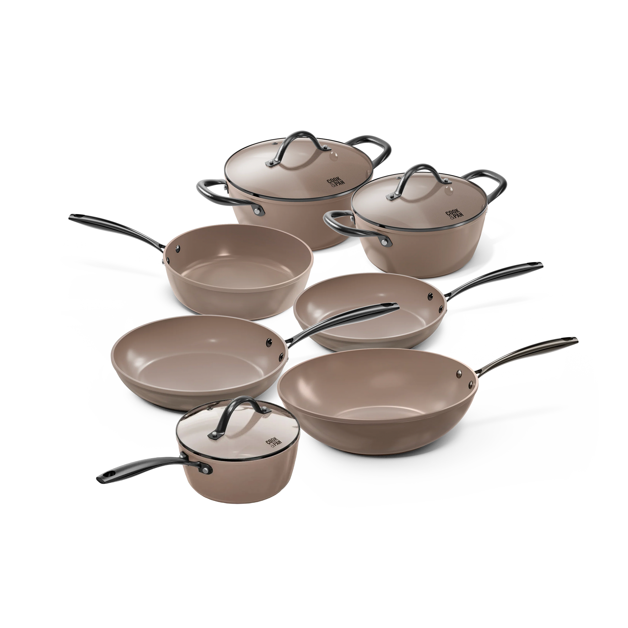 Batterie de cuisine taupe 7 pièces avec couvercles en verre et poignées noires.
