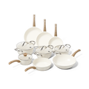 Cookware set of 9 pieces in white with wooden handles and glass lids.