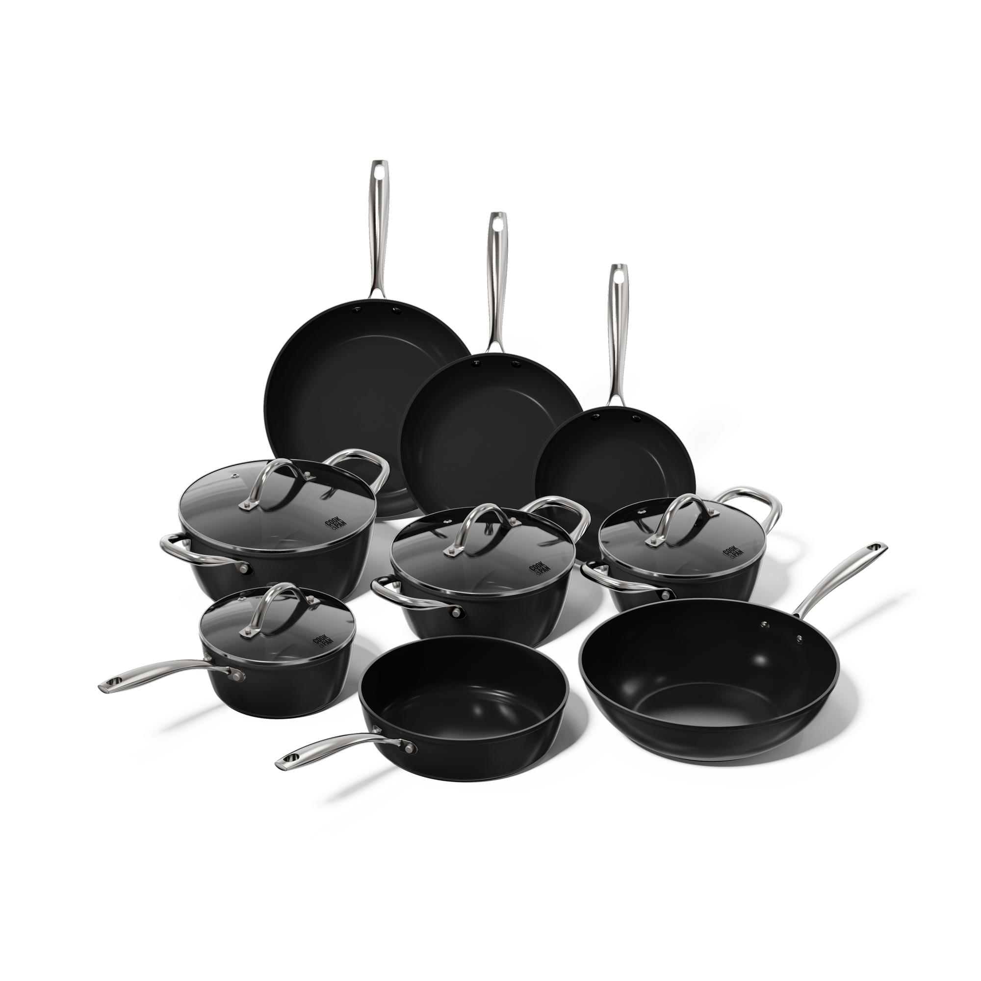 Batterie de cuisine noire 9 pièces avec revêtement antiadhésif et poignées en métal, incluant trois poêles et six casseroles avec.