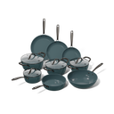 9-teiliges blaues topfset und pfannenset mit glänzenden Metallgriffen und Glasdeckeln.