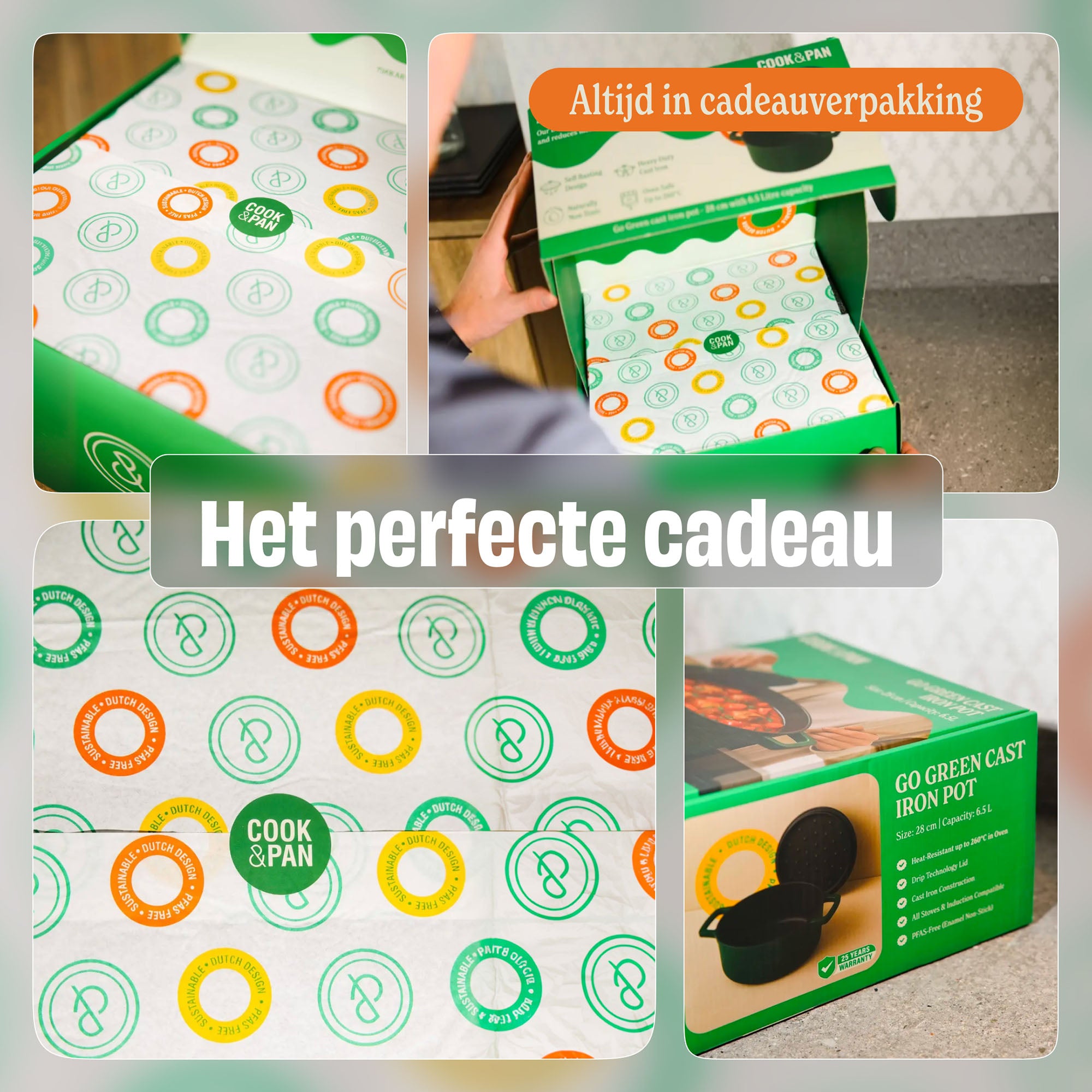 Cheerful gift packaging with colorful circles and texts in green, orange and yellow.