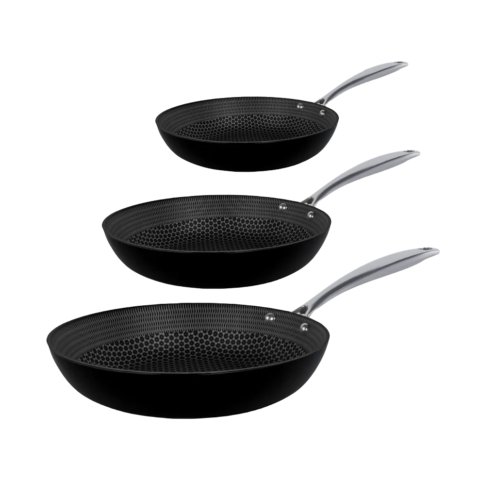 Three stainless steel frying pans with honeycomb non-stick coating and long silver-colored handles.