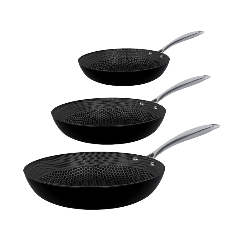 Three stainless steel frying pans with honeycomb non-stick coating and long silver-colored handles.