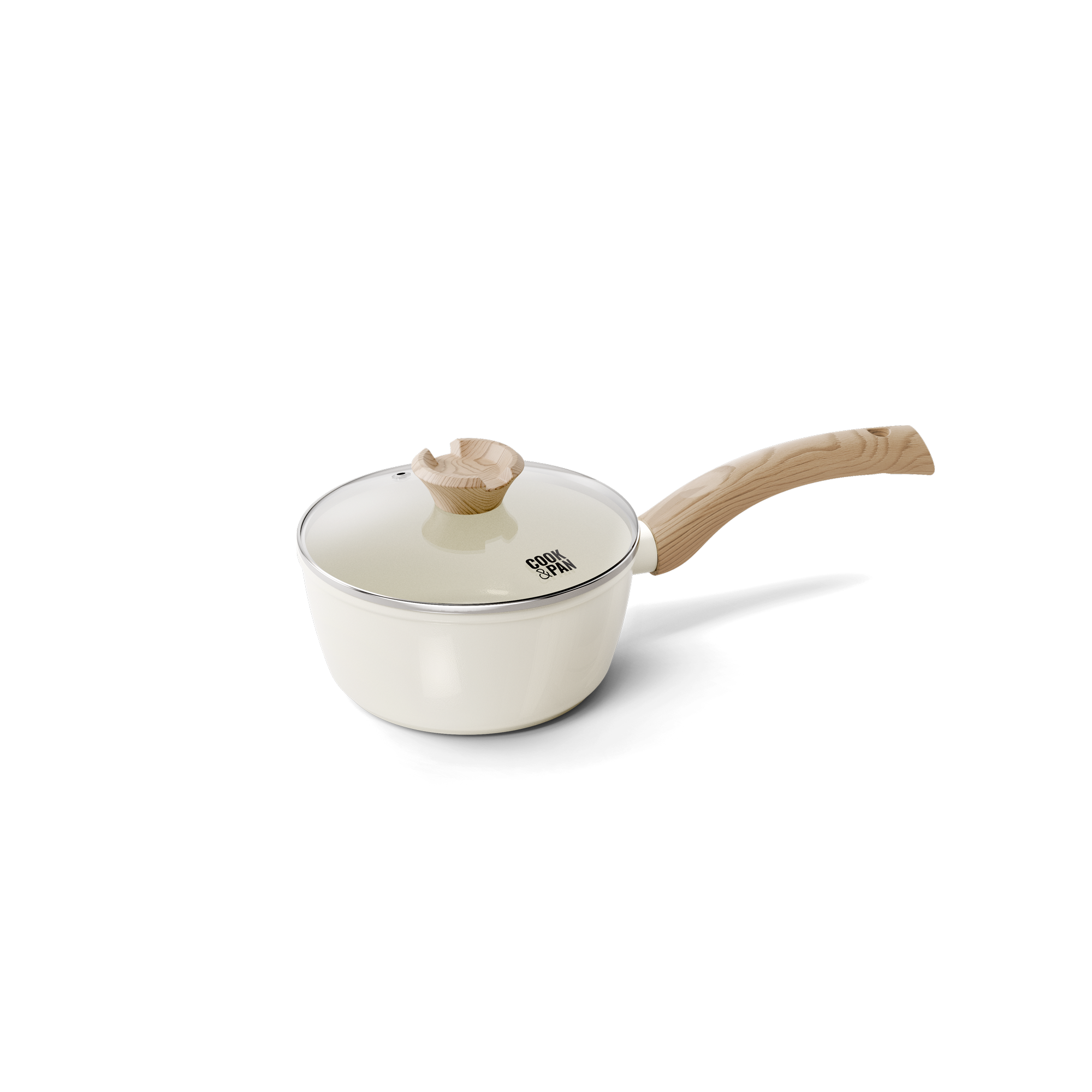 Witte steelpan van 18 cm met houten handvat en glazen deksel met houten knop.