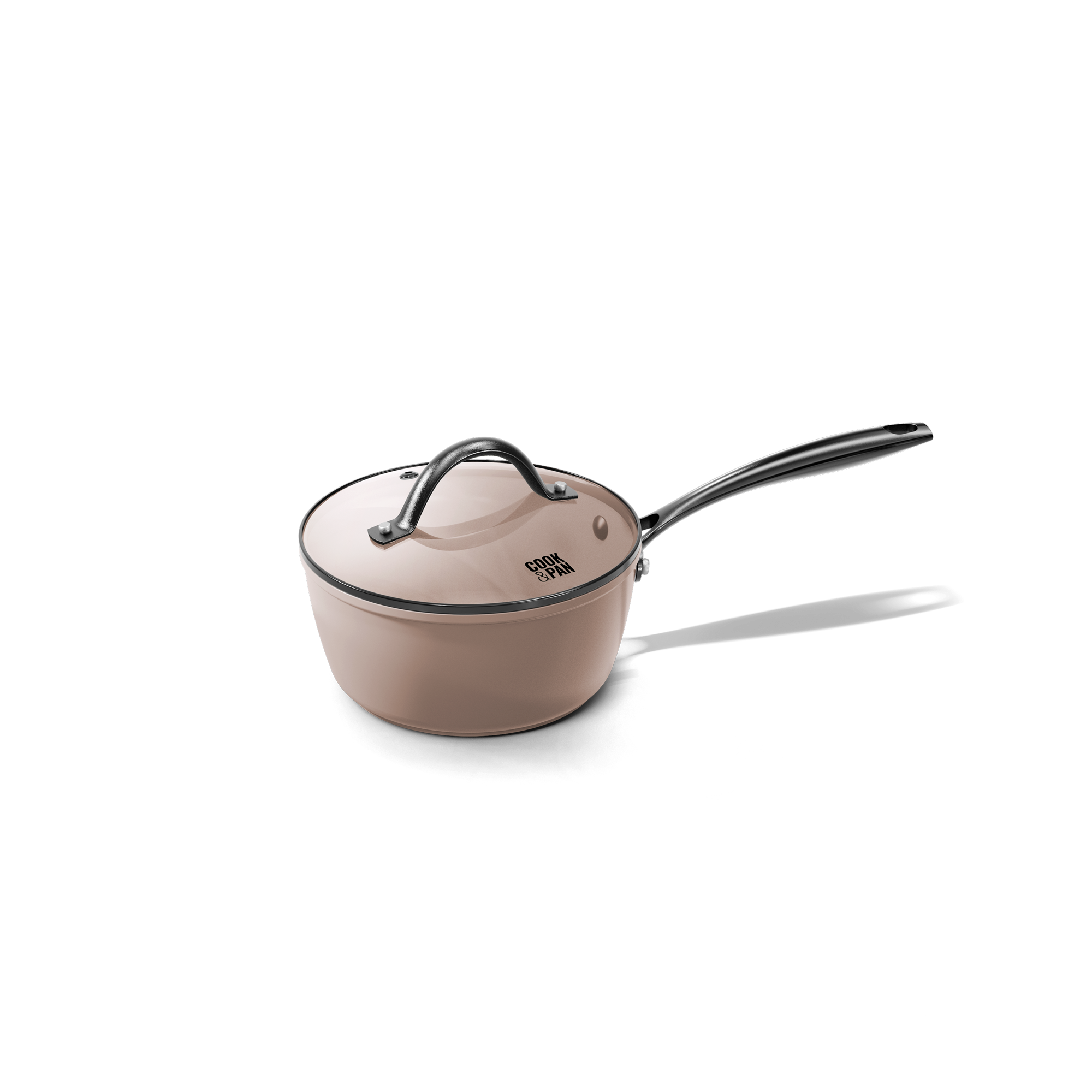 Taupe saucepan with glass lid and black silicone handle, 18 cm