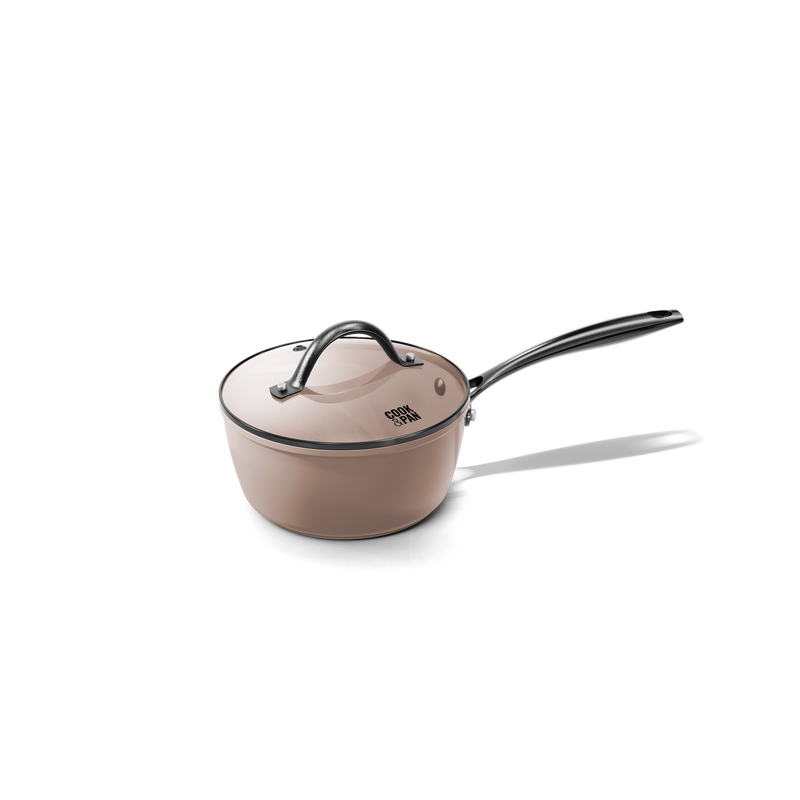 Taupe saucepan with glass lid and black silicone handle, 18 cm