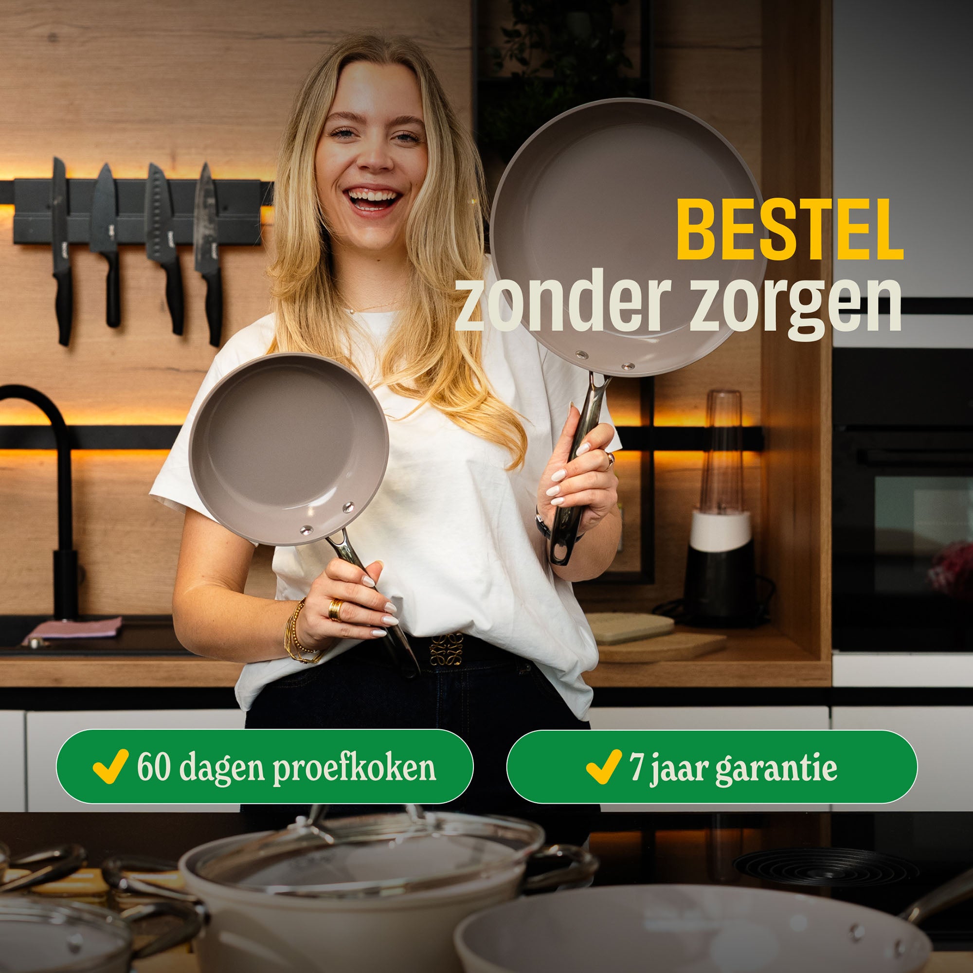 Taupe-colored 9-piece cookware set with ceramic non-stick coating and stainless steel handles, woman holding two pots and pans.
