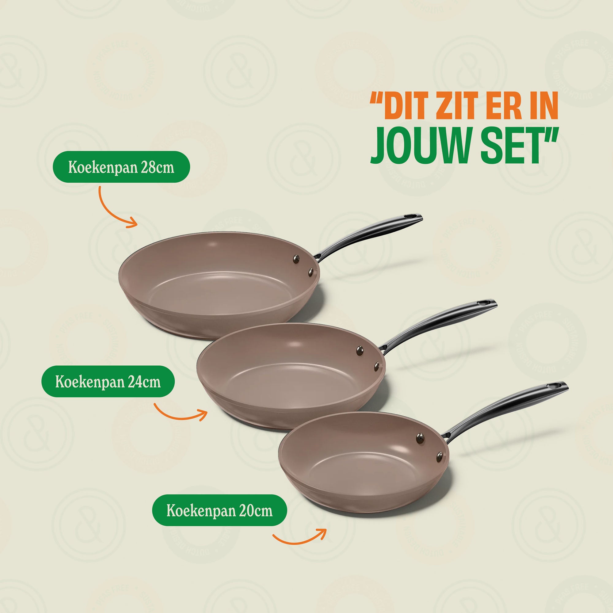 Set de poêles à frire taupe 3 pièces de 20 cm, 24 cm et 28 cm, poignées noires.